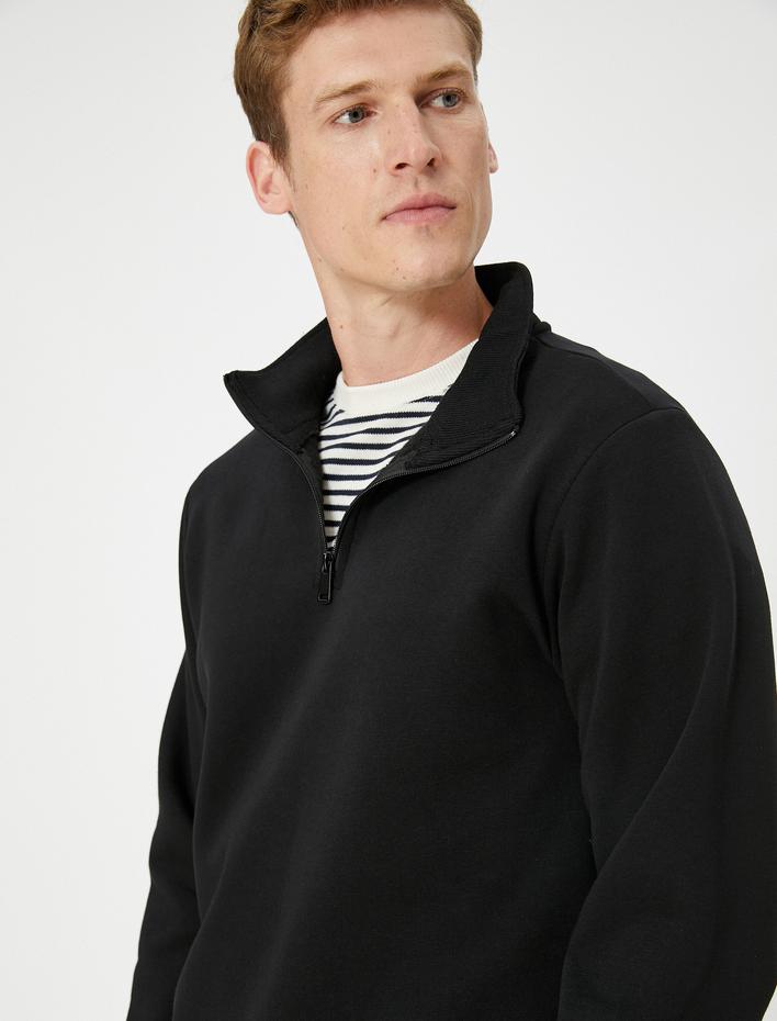  Yarım Fermuarlı Sweatshirt Dik Yaka Uzun Kollu Şardonlu