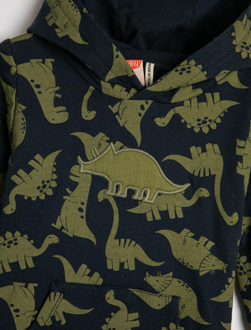  Erkek Bebek Kapşonlu Sweatshirt Şardonlu Dinozor Baskılı Pamuklu