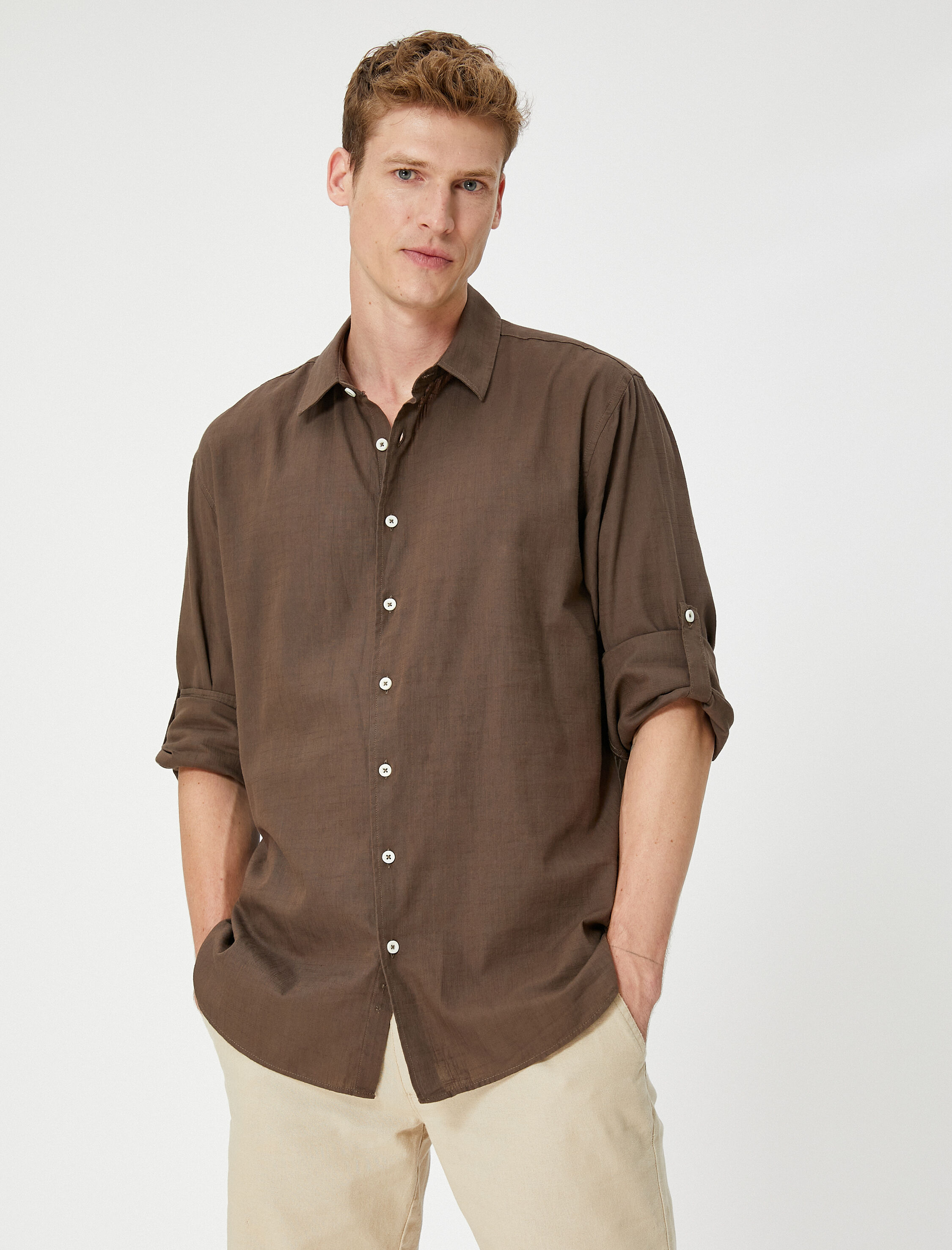   Klasik Yaka Gömlek Düğmeli Uzun Kollu Pamuklu