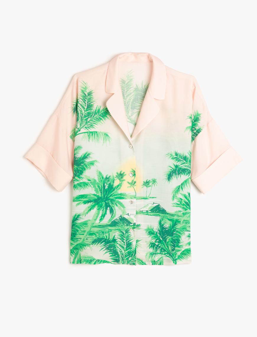   Kısa Kollu Pijama Gömlek Yaka Düğmeli Tropikal Desenli