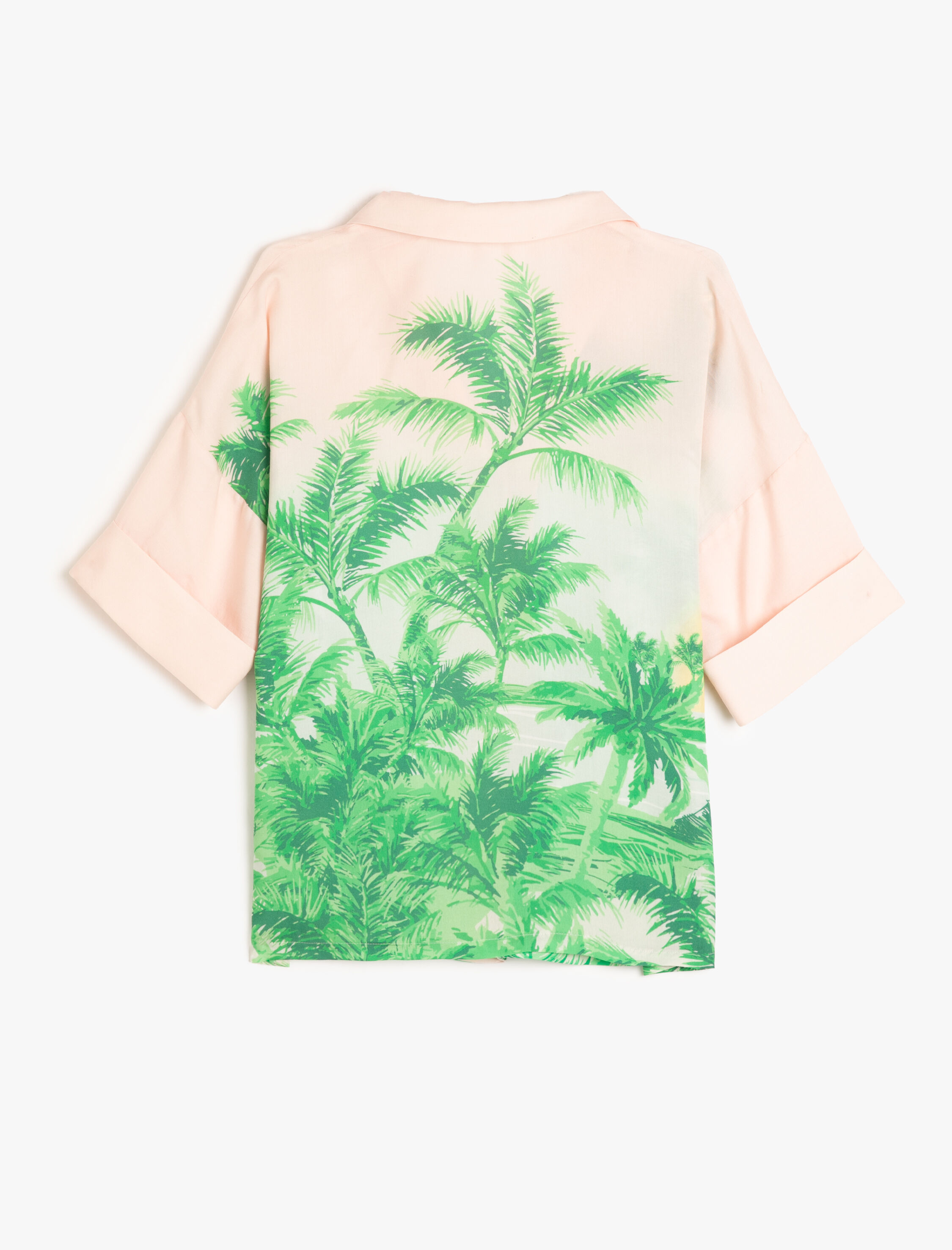   Kısa Kollu Pijama Gömlek Yaka Kolları Hafif Dar Dirsek Boy Düğmeli Tropikal Desenli