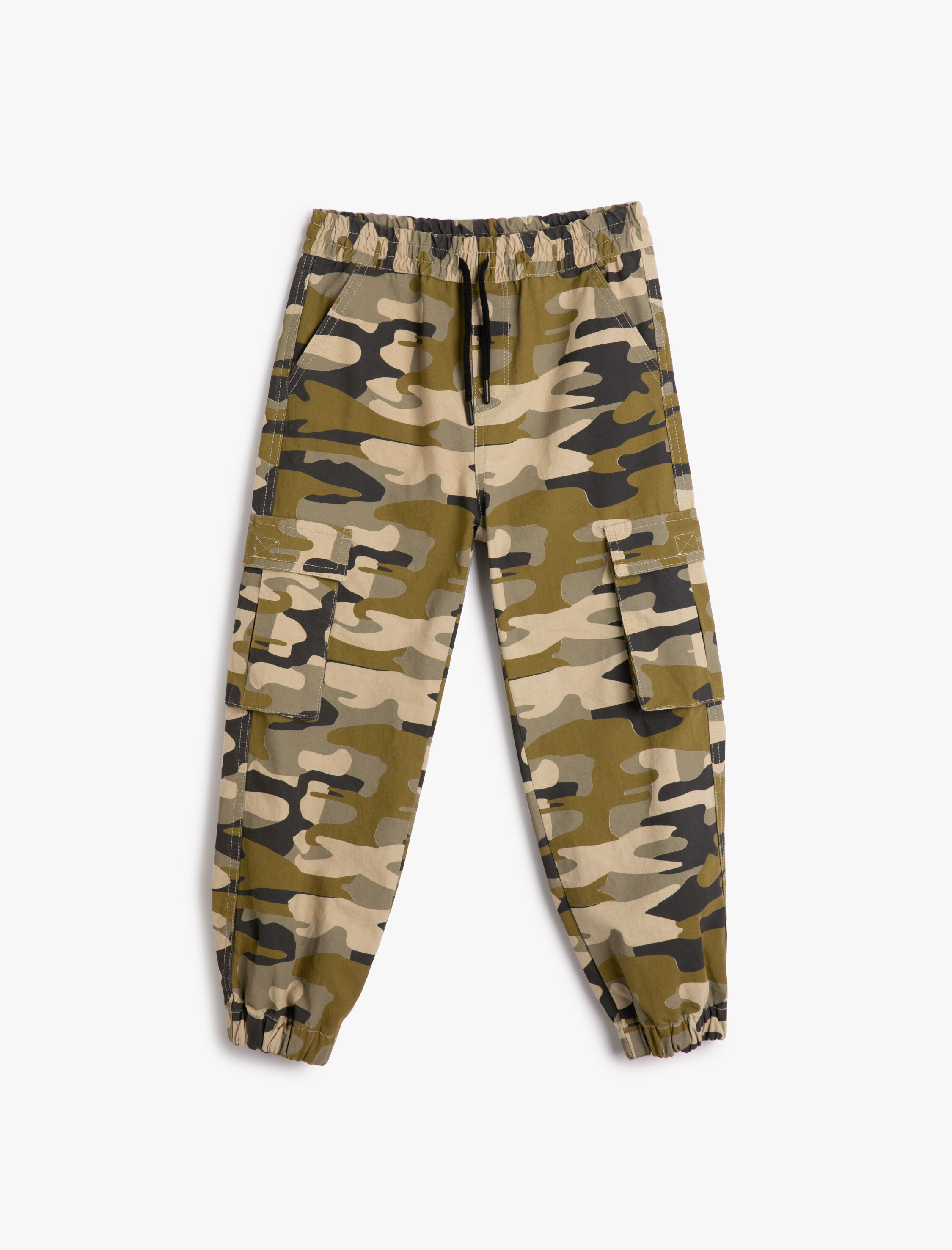  Erkek Çocuk Kargo Jogger Pantolon Kamuflaj Desenli Beli Bağlamalı Pamuklu