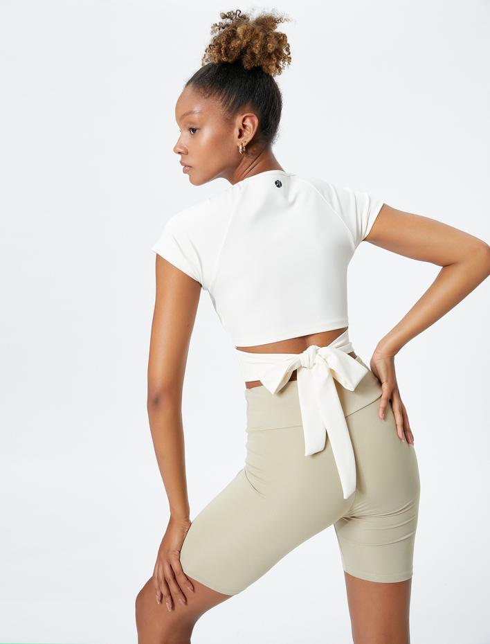  Crop Yoga Tişörtü Bağlama Detaylı Kısa Reglan Kollu