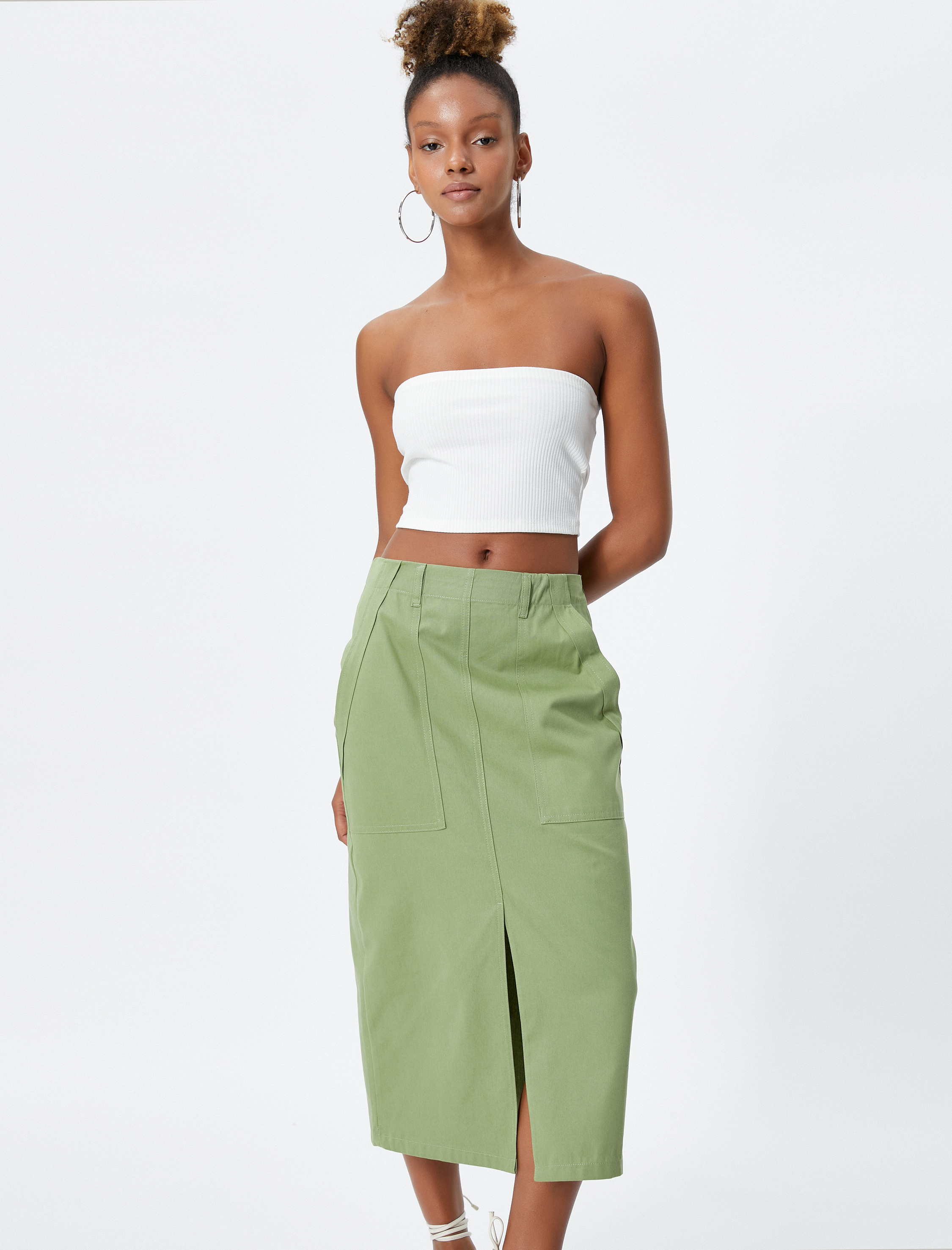   Uzun Etek Yırtmaçlı Cepli Pamuklu