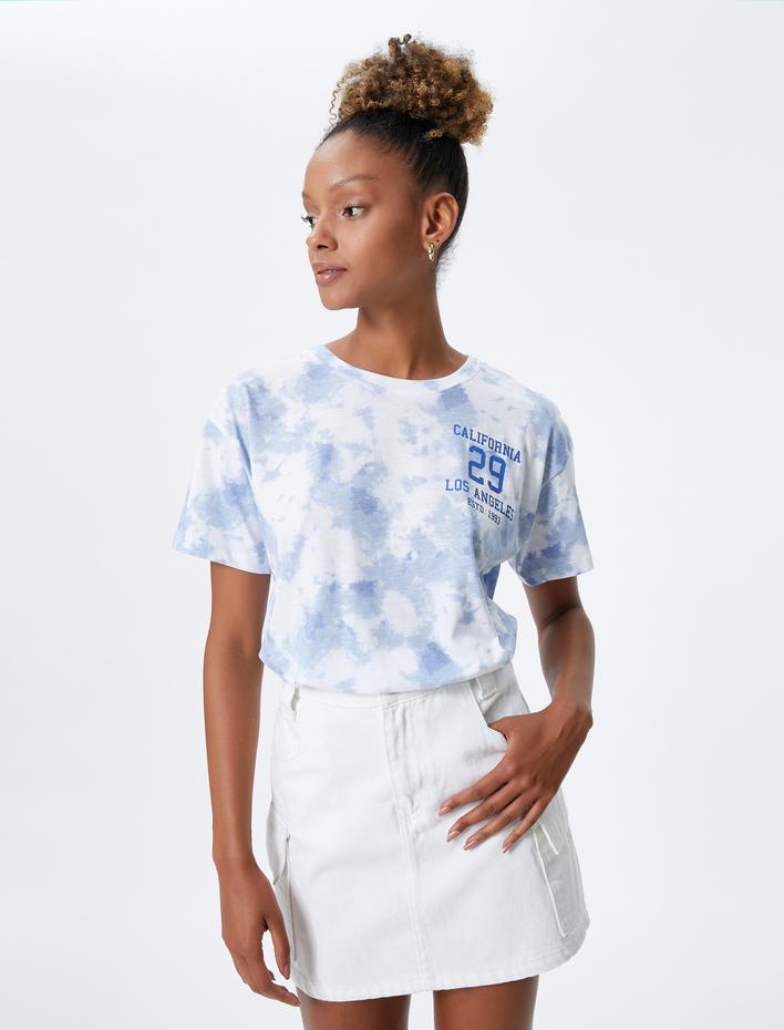  Kolej Tişört Baskılı Batik Görünümlü Bisiklet Yaka Pamuklu