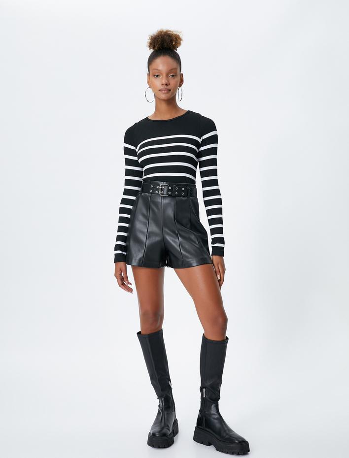  Uzun Kollu Tişört Bisiklet Yaka Dokulu