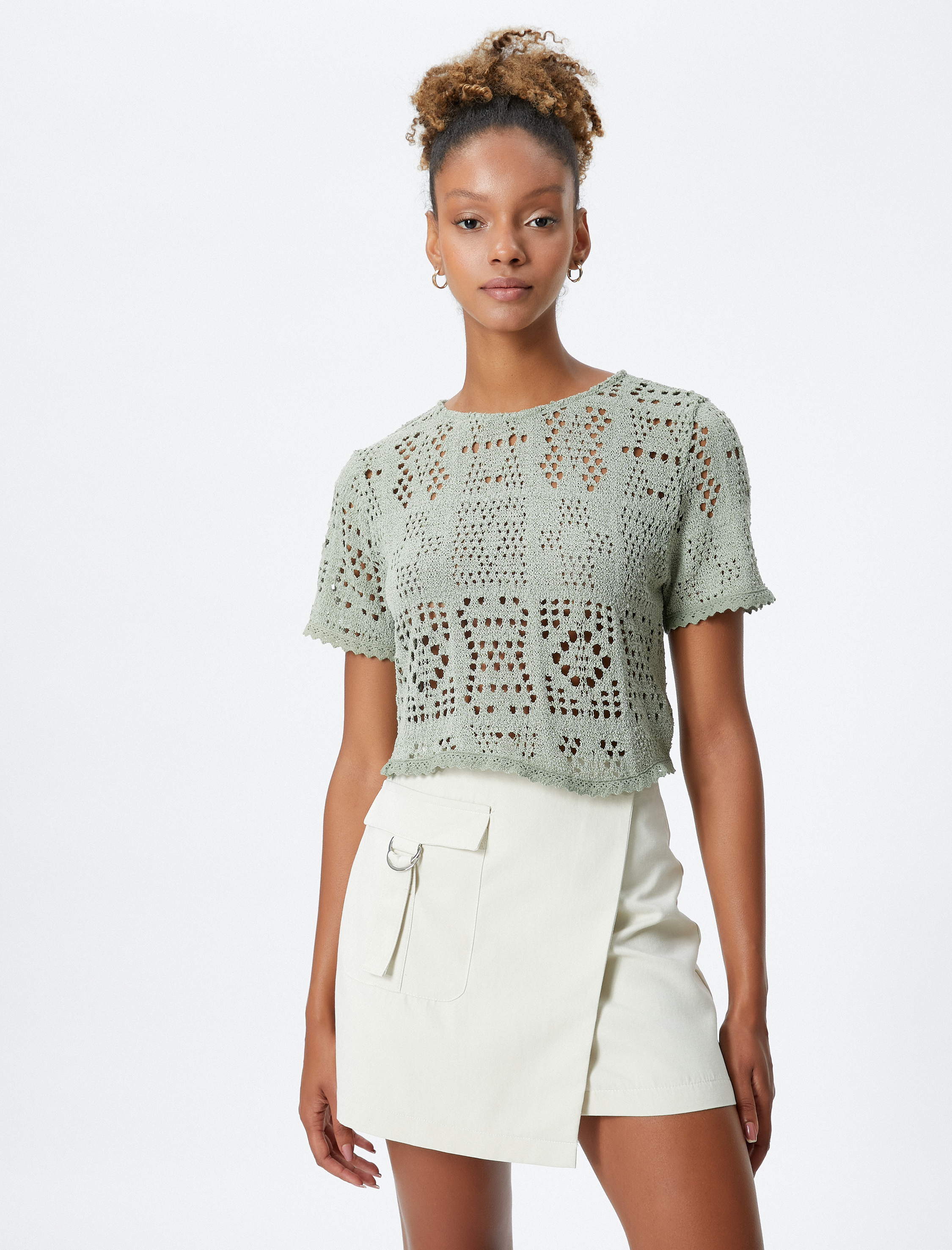   Ajurlu Tişört Bisiklet Yaka Kısa Kollu