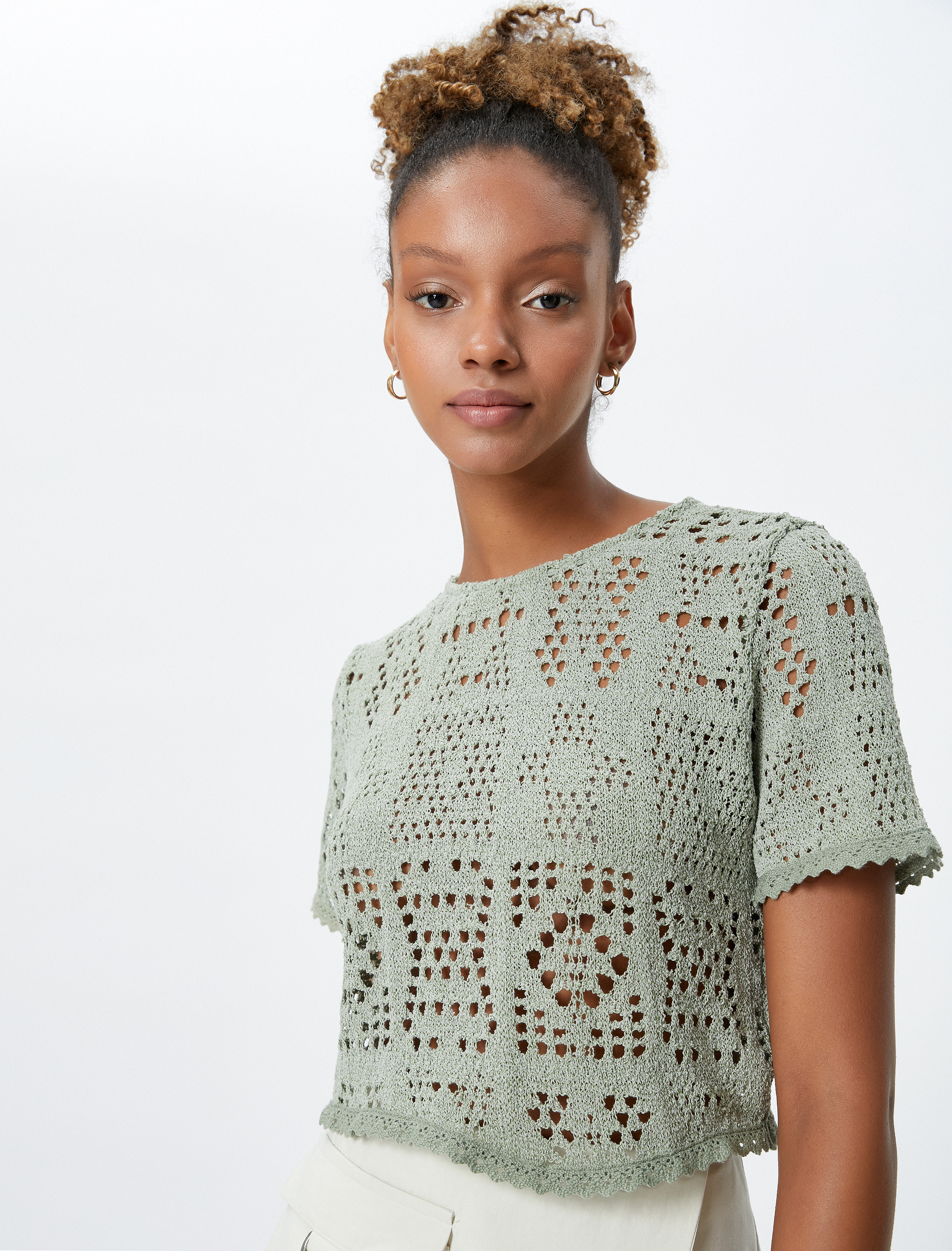   Ajurlu Tişört Bisiklet Yaka Kısa Kollu