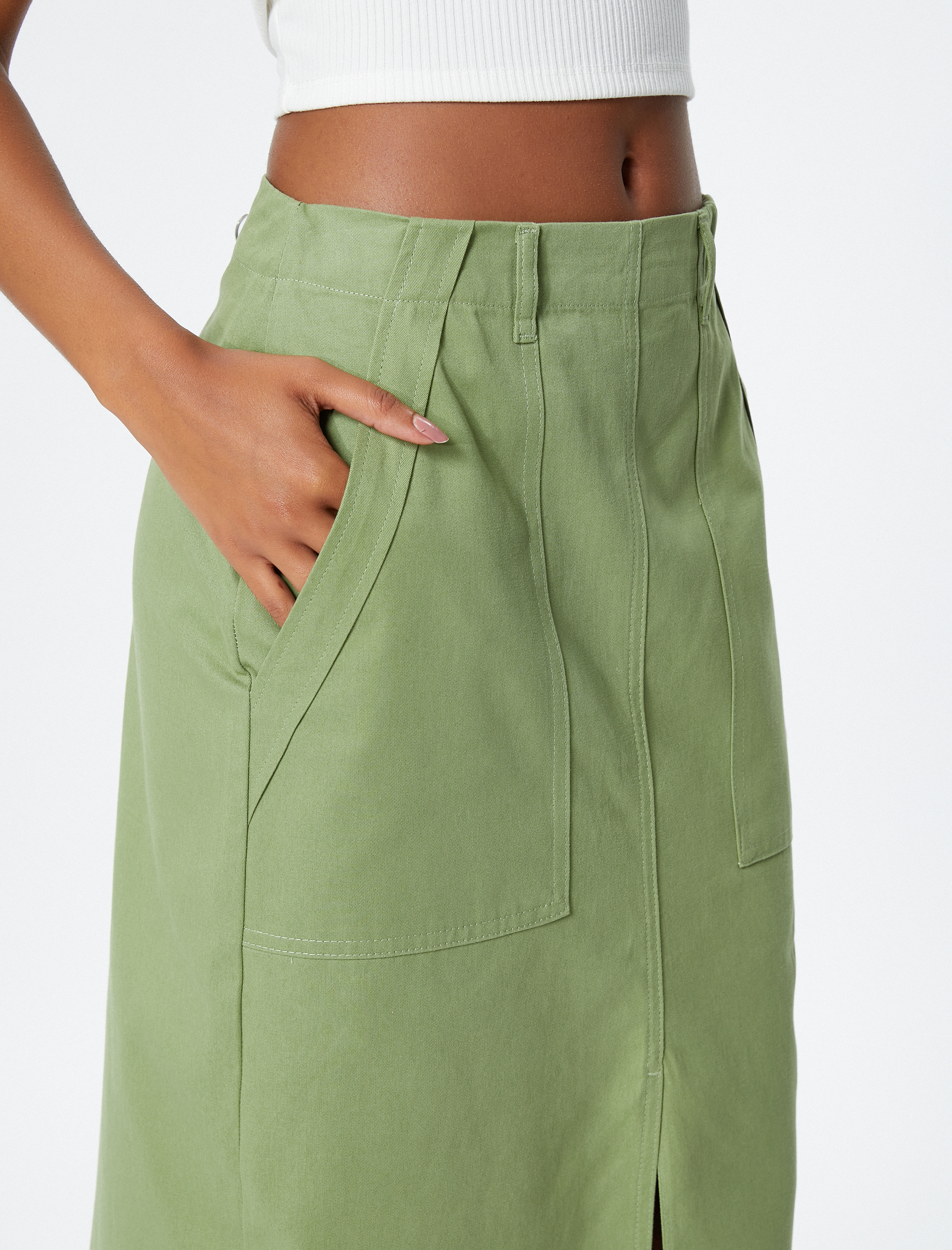   Uzun Etek Yırtmaçlı Cepli Pamuklu