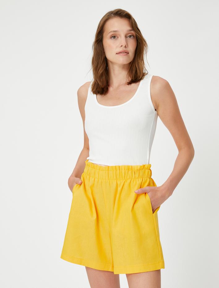  Beli Lastikli Şort Viskon Keten Karışımlı