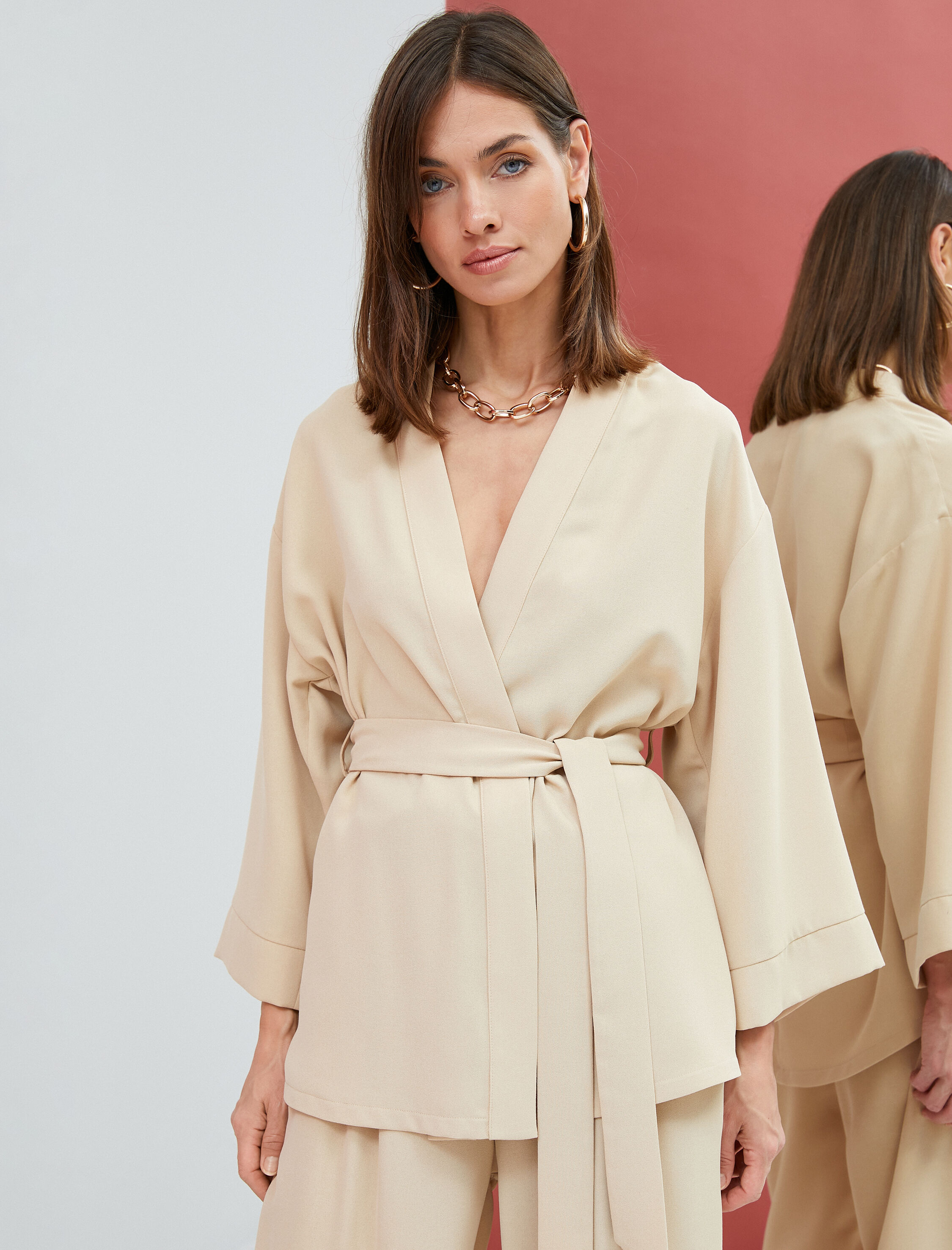   Klasik Kesim Kimono Beli Kuşaklı Kruvaze