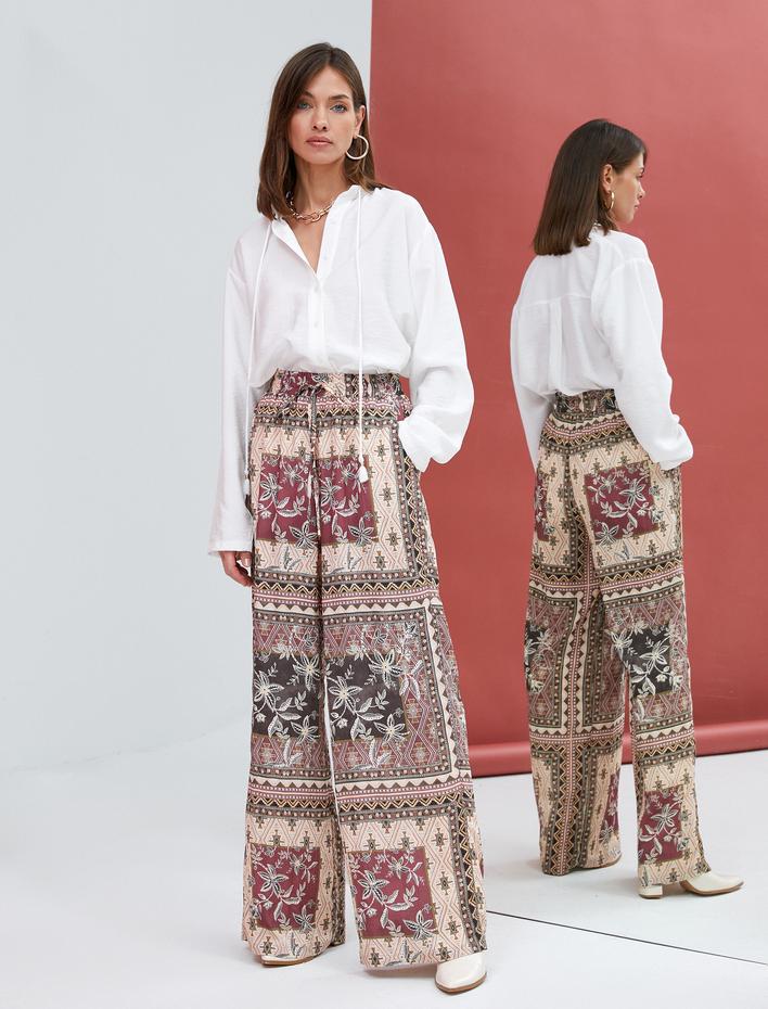  Bol Paça Pantolon Beli Bağcıklı Cep Detaylı Rahat Kesim