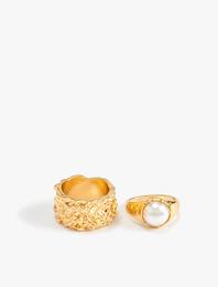 Yüzük Seti 2'li Dokulu Kalın İnci Detaylı