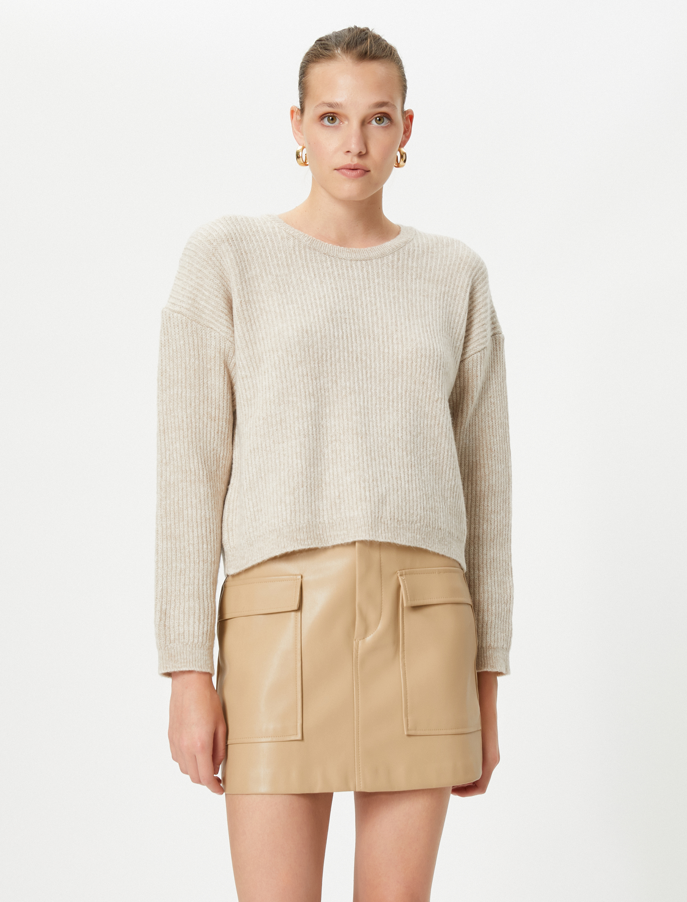   Basic Kazak Örgü Bisiklet Yaka Düşük Omuzlu Fitilli