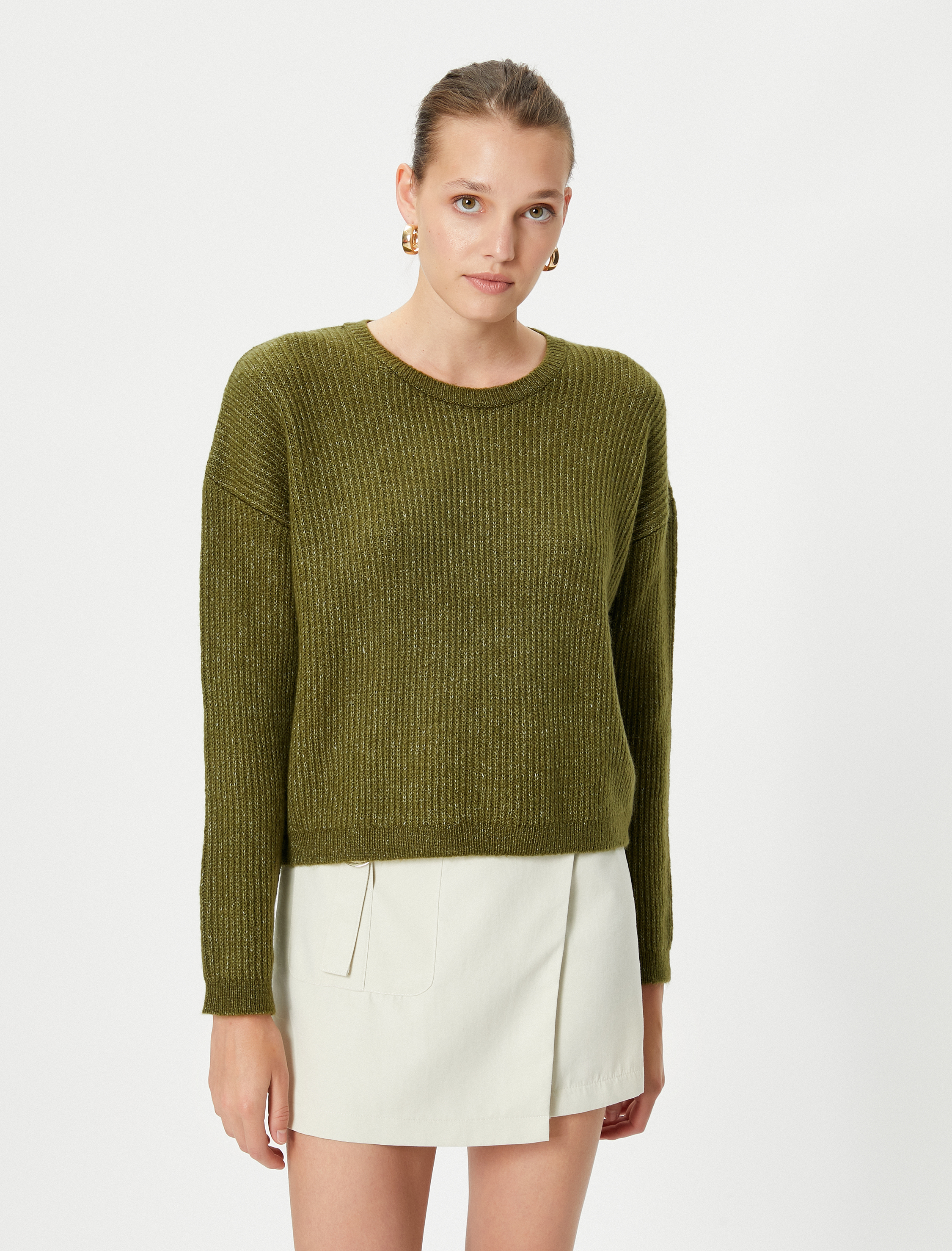   Basic Kazak Örgü Bisiklet Yaka Düşük Omuzlu Fitilli