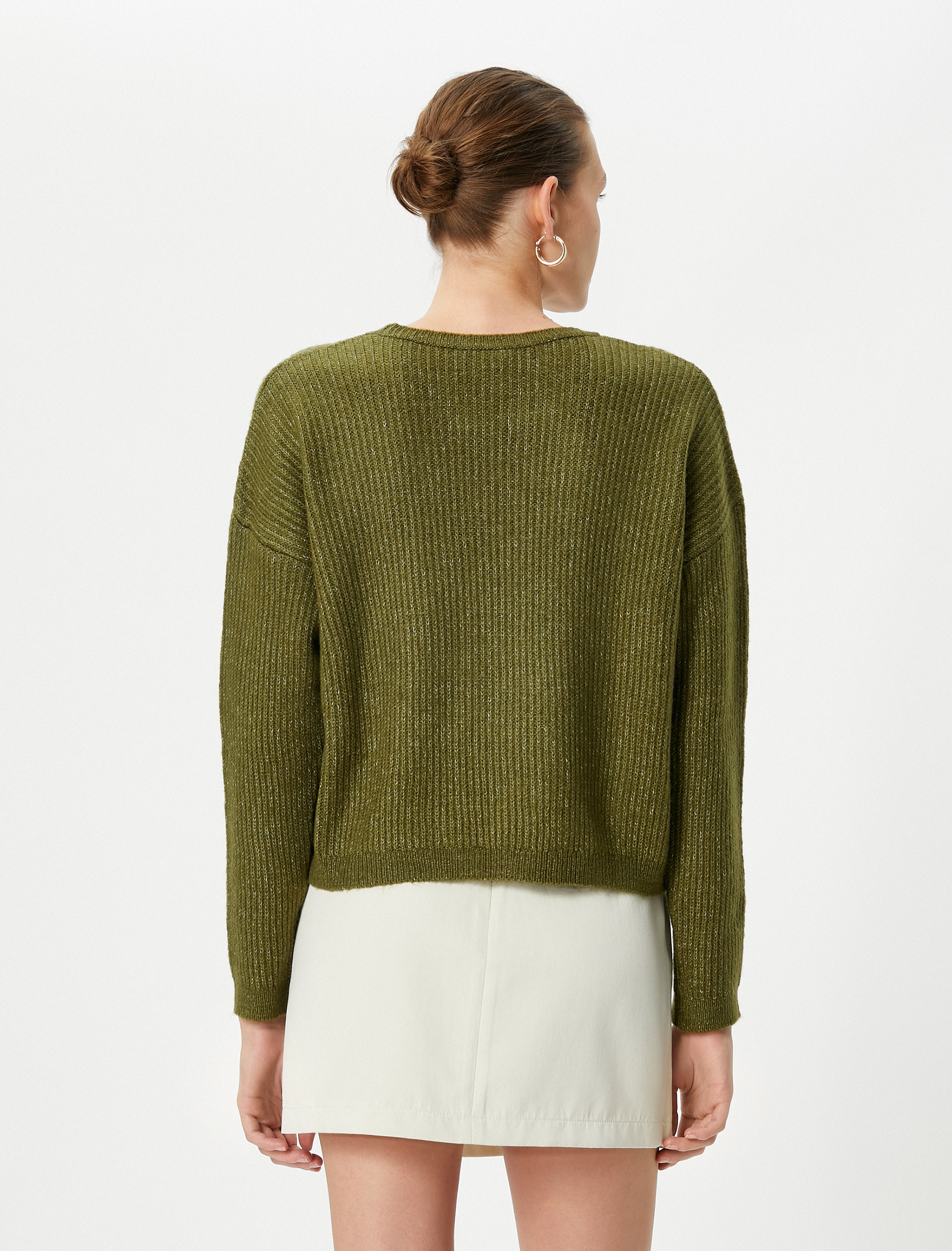   Basic Kazak Örgü Bisiklet Yaka Düşük Omuzlu Fitilli