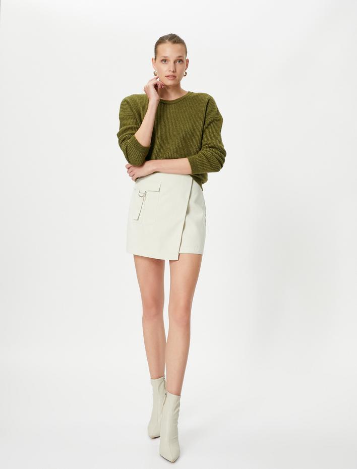  Basic Kazak Örgü Bisiklet Yaka Düşük Omuzlu Fitilli