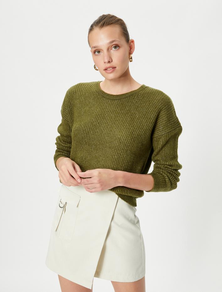  Basic Kazak Örgü Bisiklet Yaka Düşük Omuzlu Fitilli