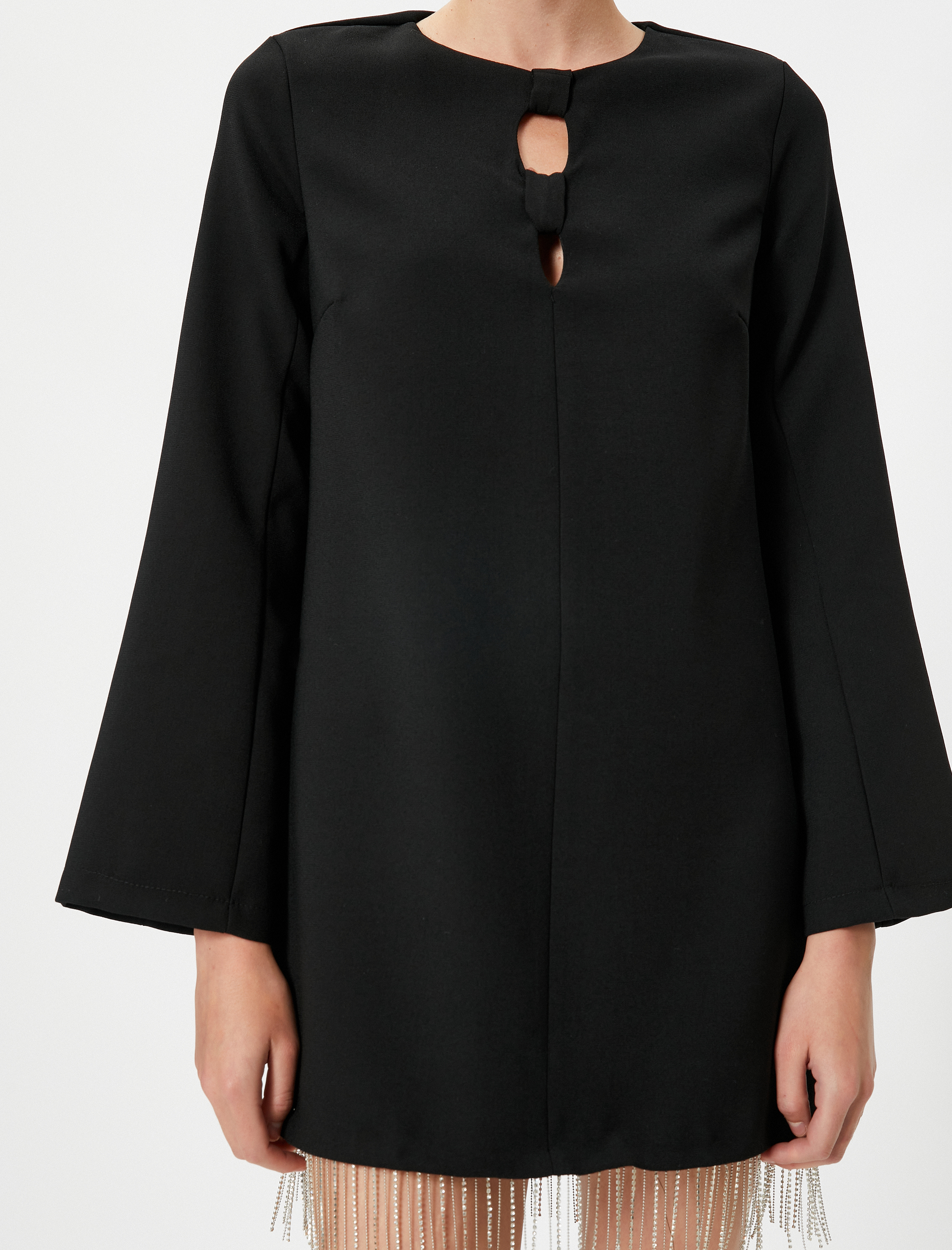   Abiye Elbise Mini Parlak Taşlı Pencere Detaylı İspanyol Kol