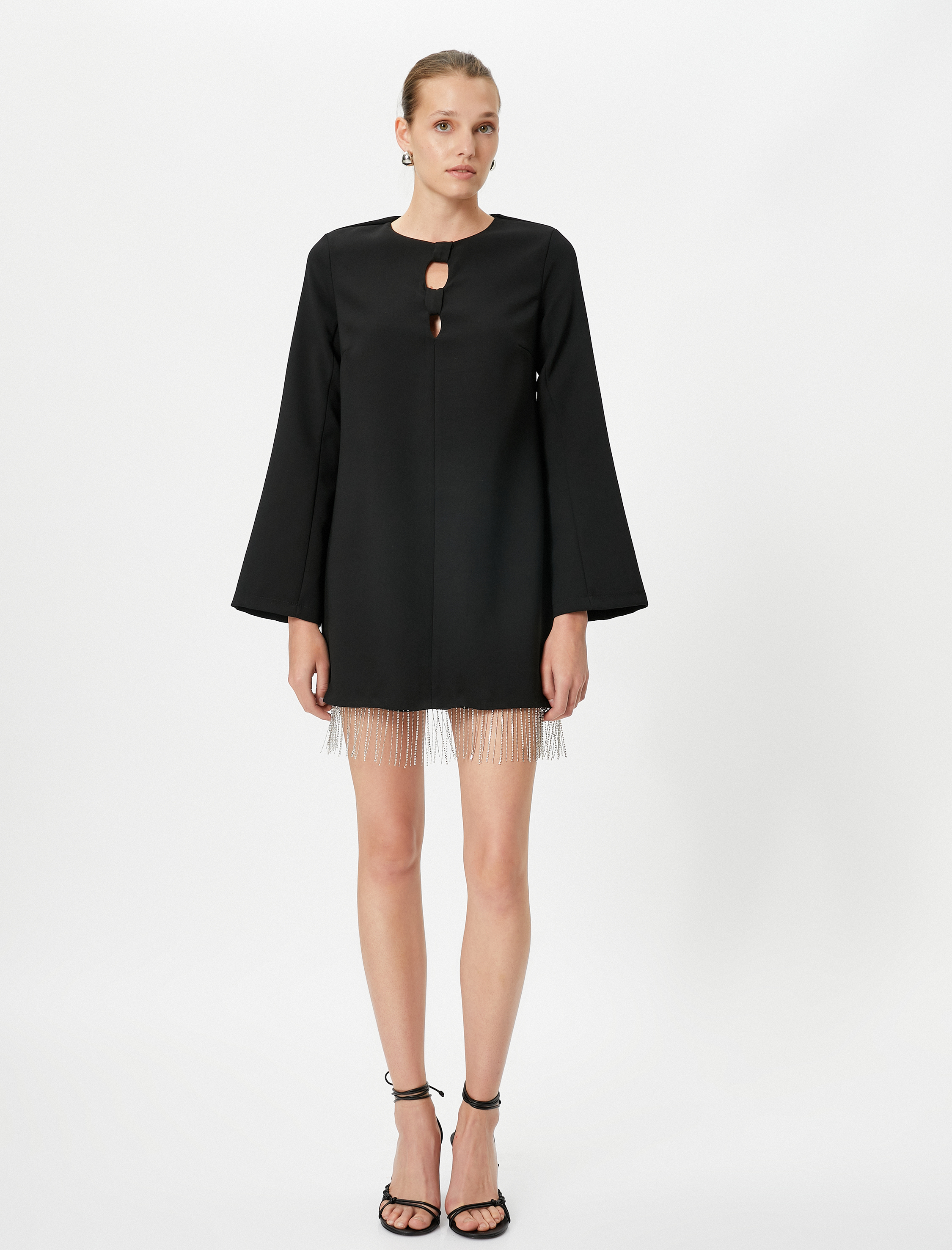   Abiye Elbise Mini Parlak Taşlı Pencere Detaylı İspanyol Kol