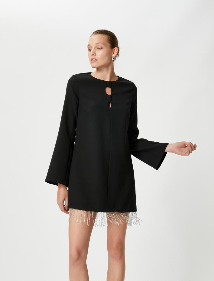  Abiye Elbise Mini Parlak Taşlı Pencere Detaylı İspanyol Kol