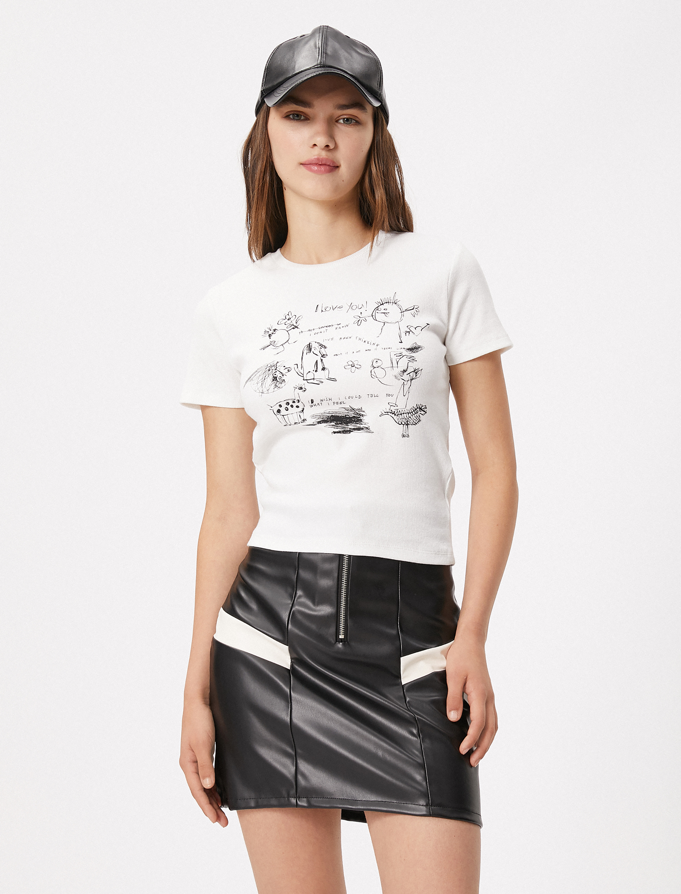   Baskılı Tişört Bisiklet Yaka Slim Fit Dokulu Kısa Kollu