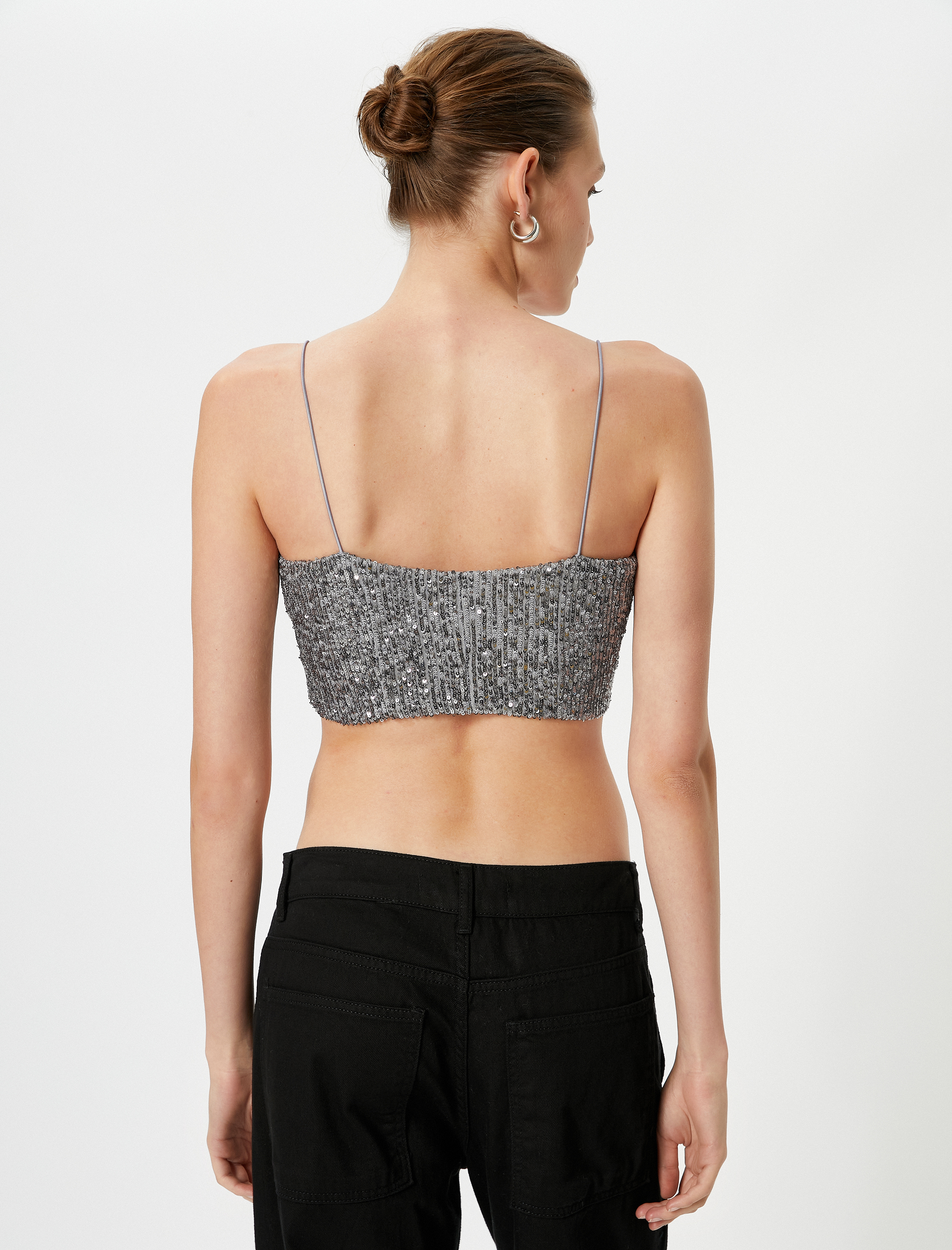   Payetli Crop Üst İnce Askılı Kare Yaka