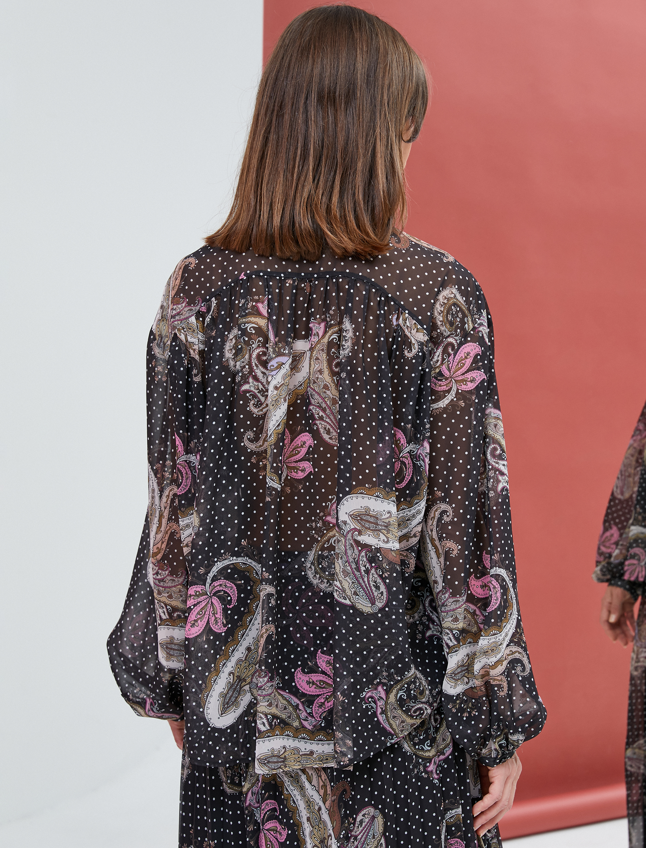   Şifon Gömlek Balon Kollu Etnik Desenli Düğmeli