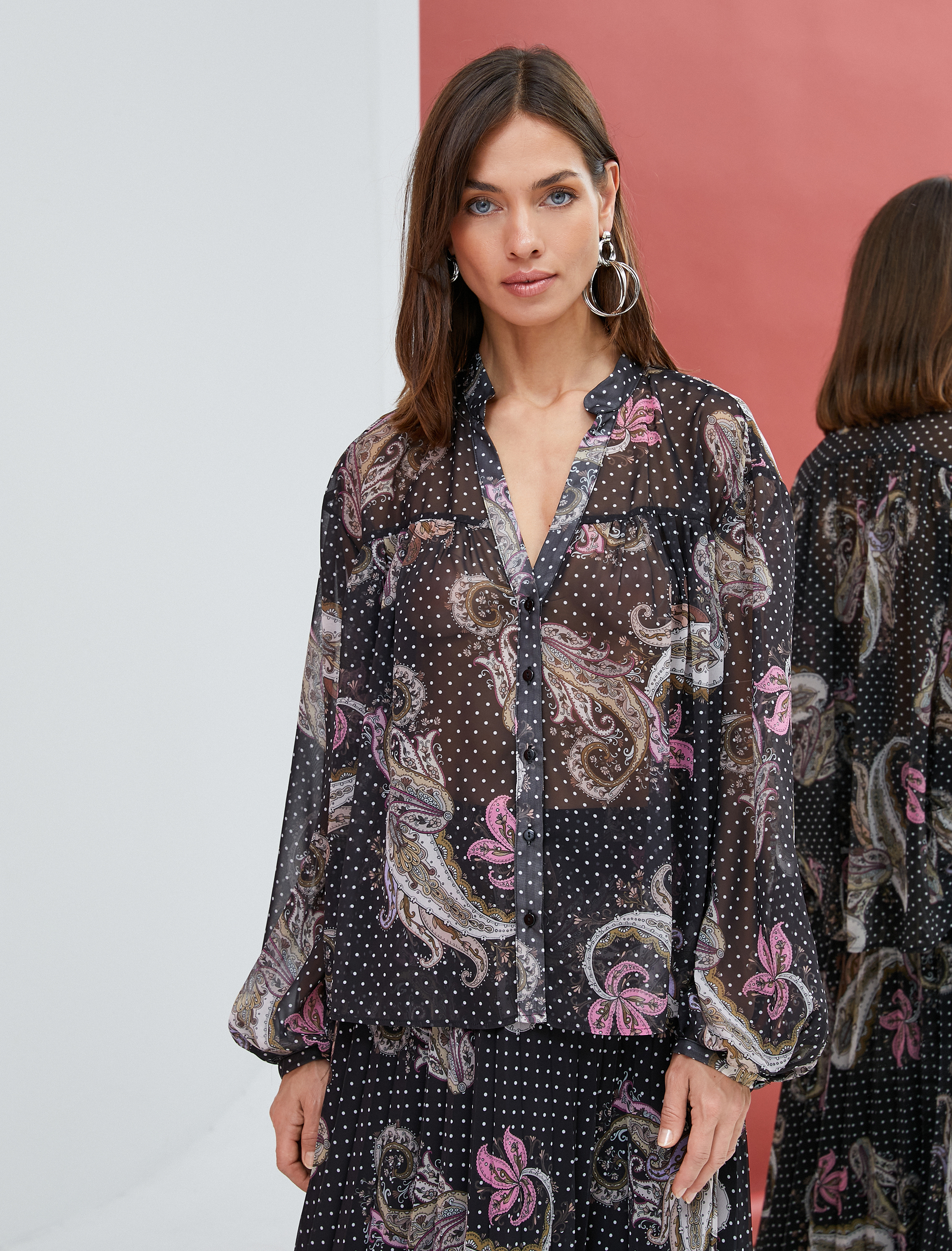   Şifon Gömlek Balon Kollu Etnik Desenli Düğmeli