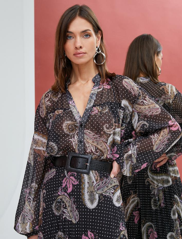  Şifon Gömlek Balon Kollu Etnik Desenli Düğmeli