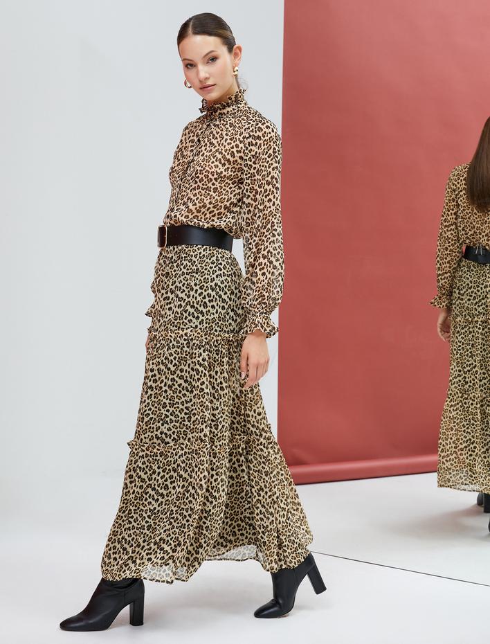  Uzun Şifon Etek Leopar Desenli Volanlı Astarlı