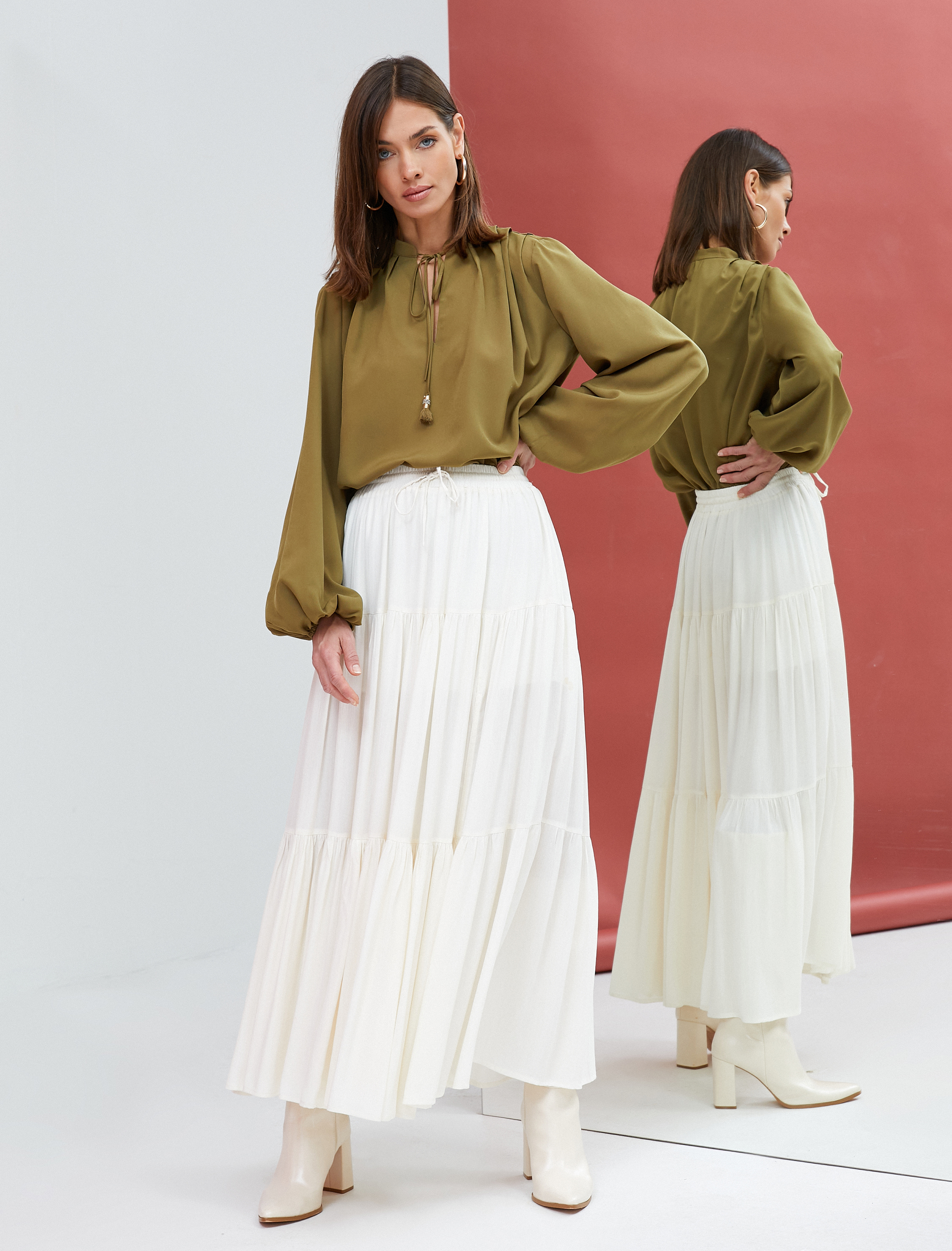   Uzun Etek Beli Bağcıklı Volanlı Rahat Kesim