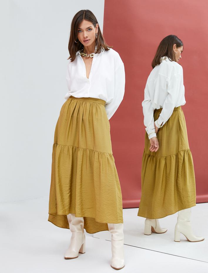  Midi Etek Volanlı Dokulu Asimetrik Kesim