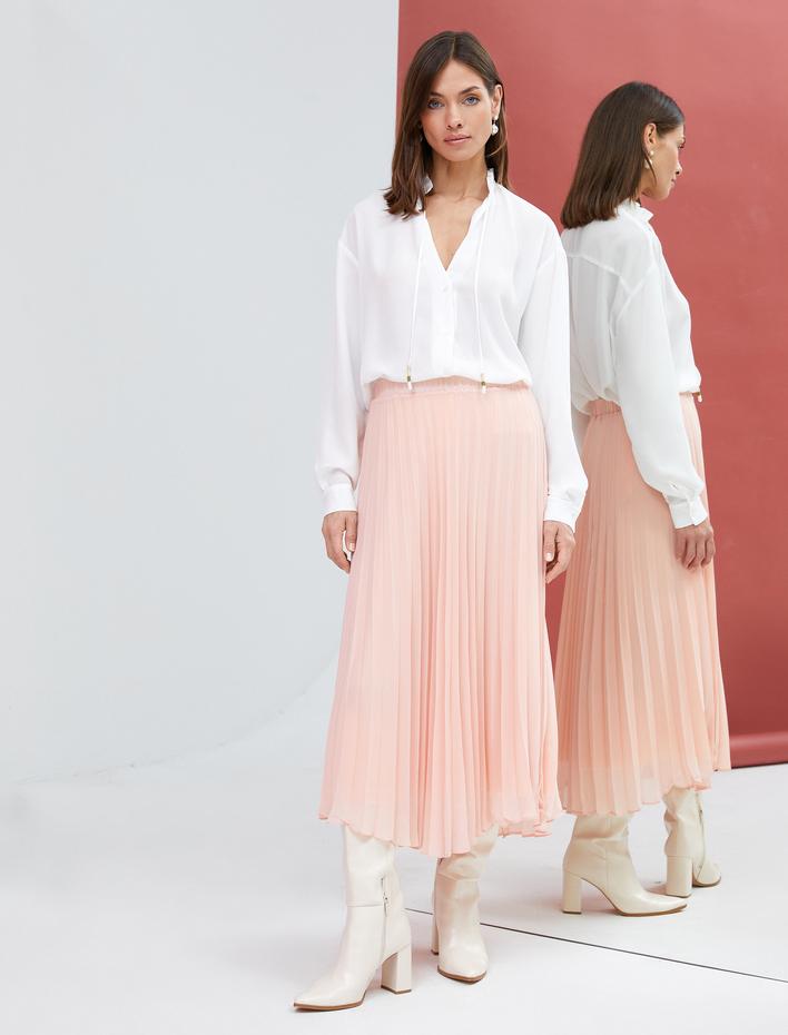  Pileli Midi Etek Şifon Asimetrik Kesim Astarlı