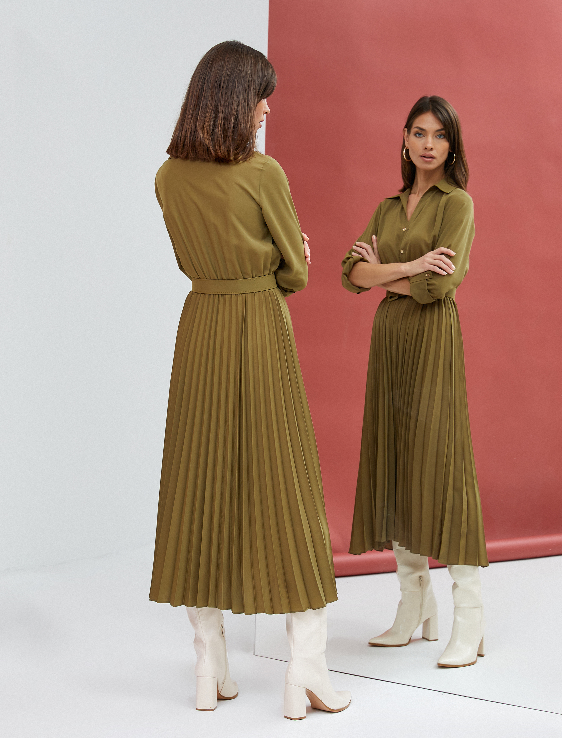   Uzun Gömlek Elbise Pileli Kemer Detaylı Düğmeli