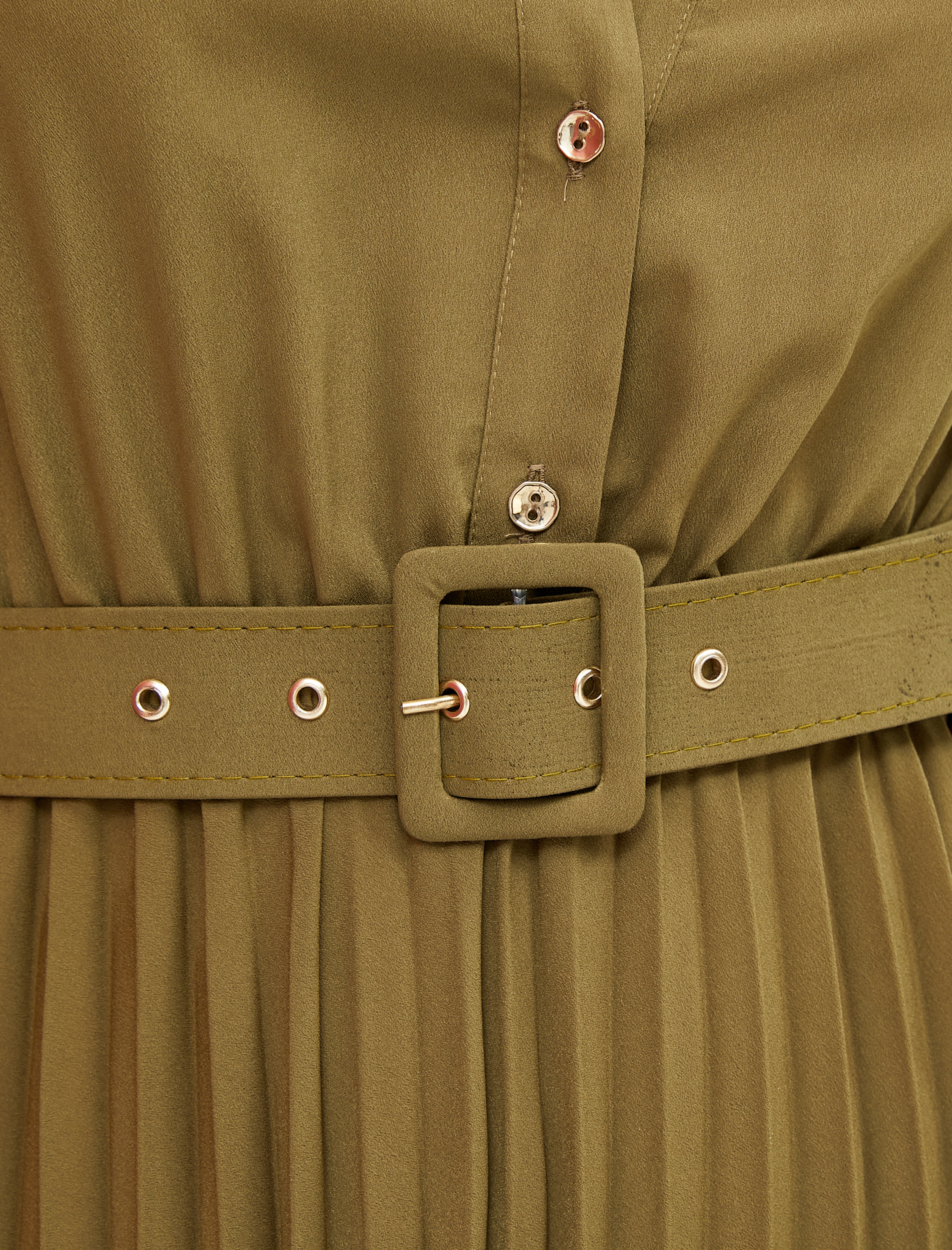   Uzun Gömlek Elbise Pileli Kemer Detaylı Düğmeli