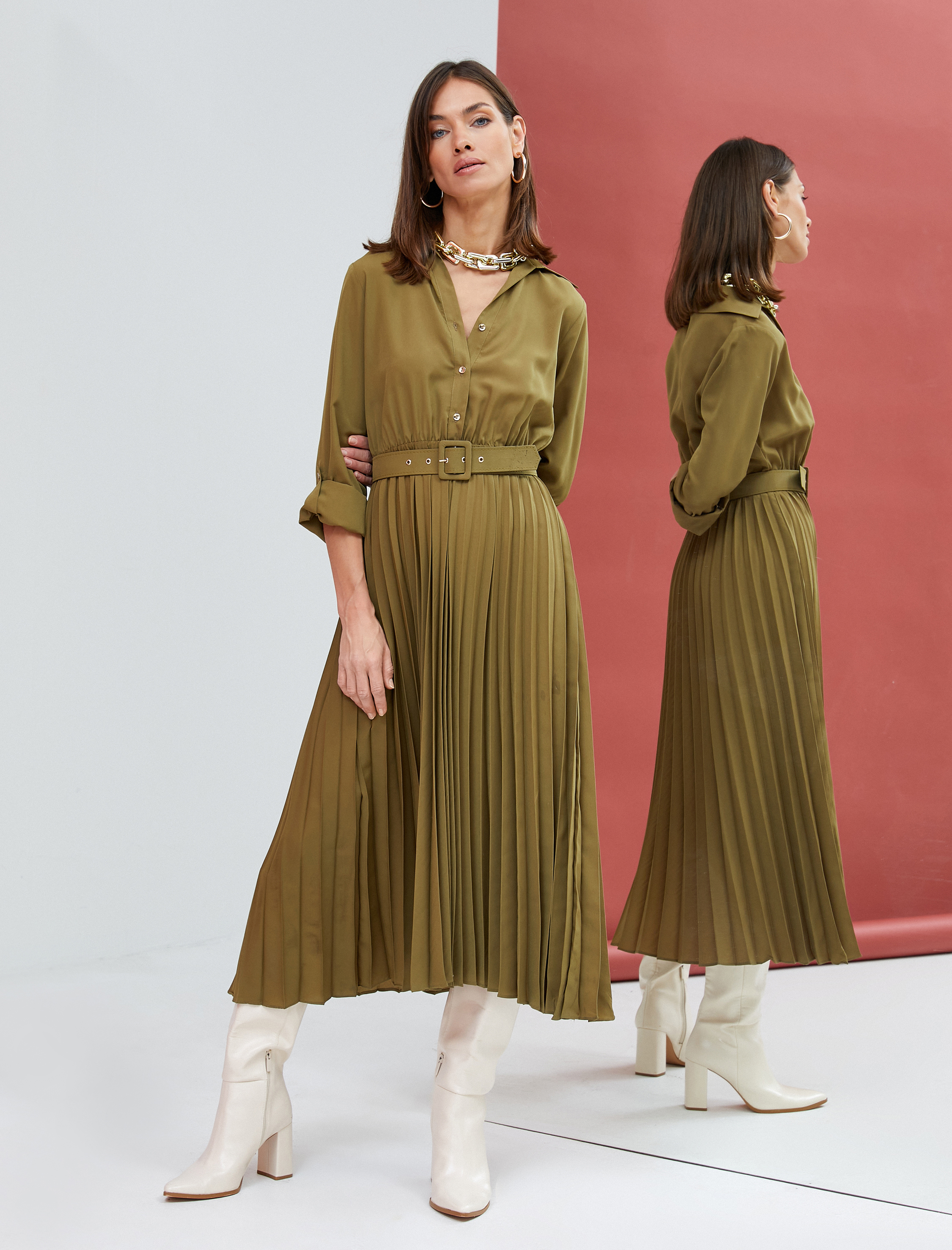   Uzun Gömlek Elbise Pileli Kemer Detaylı Düğmeli