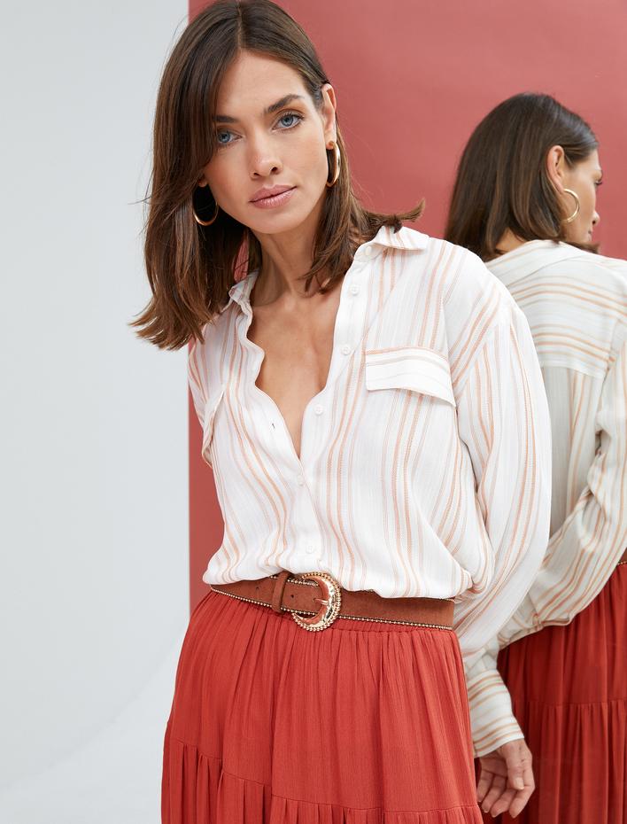  Gömlek Tunik Düğmeli Cep Detaylı Uzun Kollu Viskon