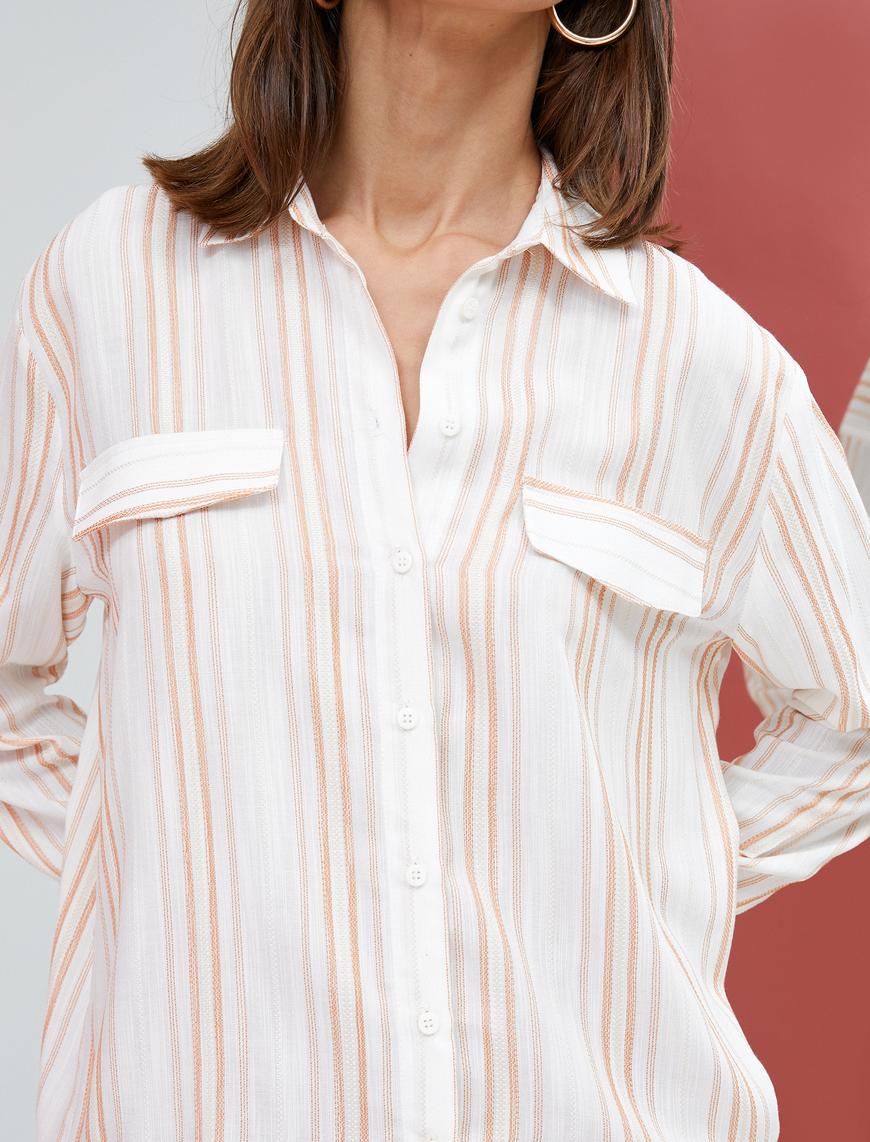   Gömlek Tunik Düğmeli Cep Detaylı Uzun Kollu Viskon