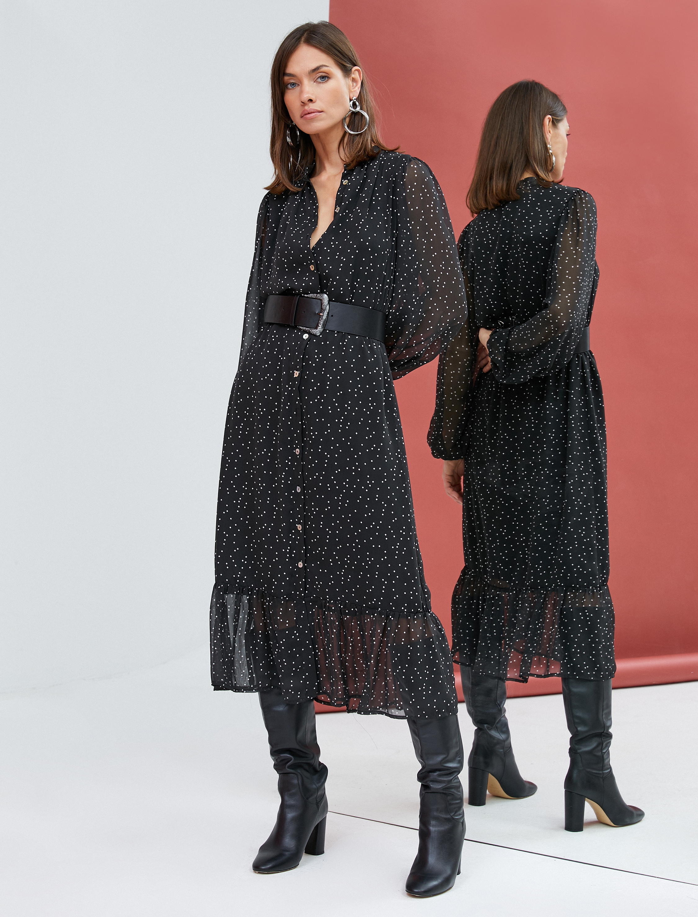   Şifon Elbise Puantiyeli Uzun Kollu Düğmeli Beli Bağcıklı