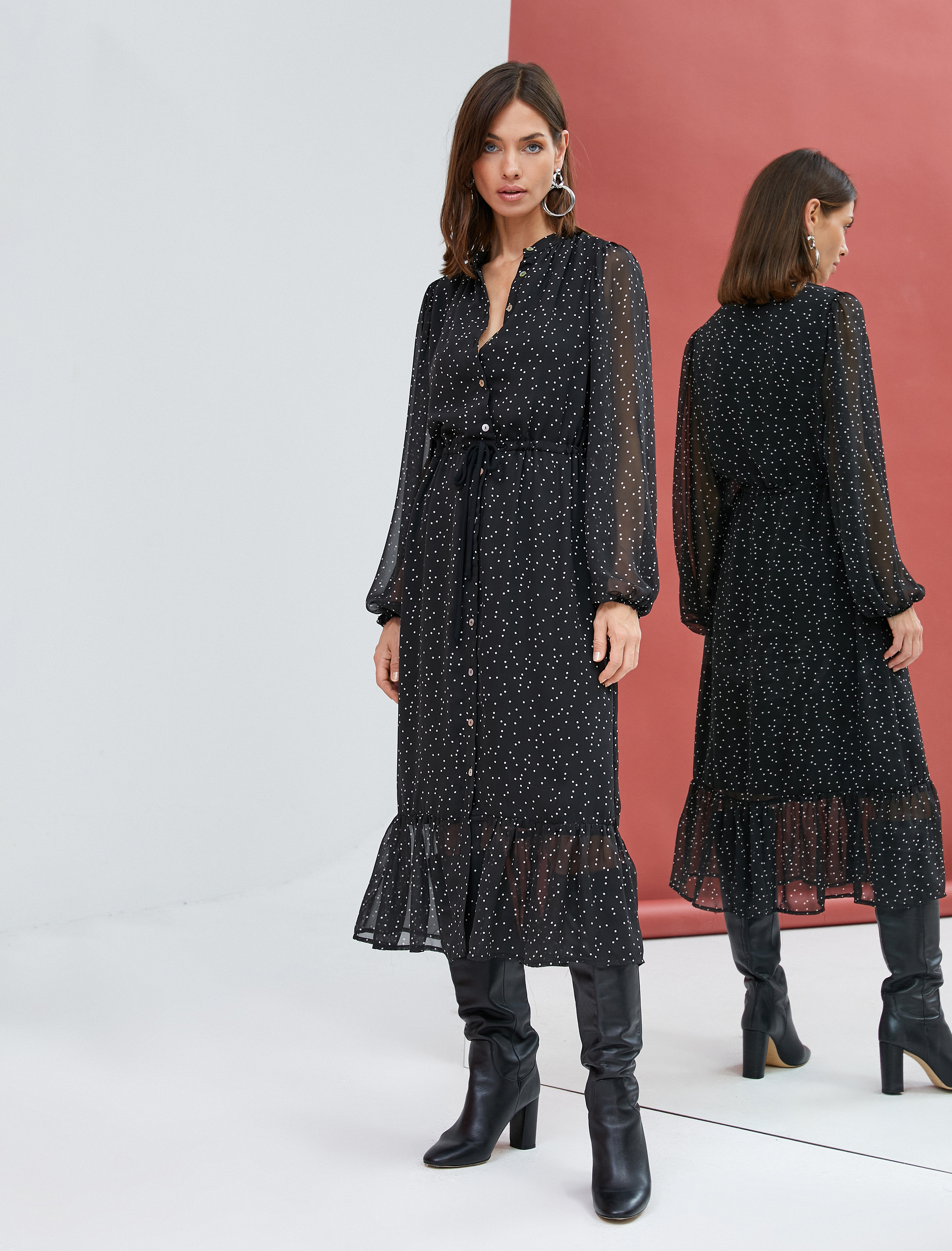   Şifon Elbise Puantiyeli Uzun Kollu Düğmeli Beli Bağcıklı