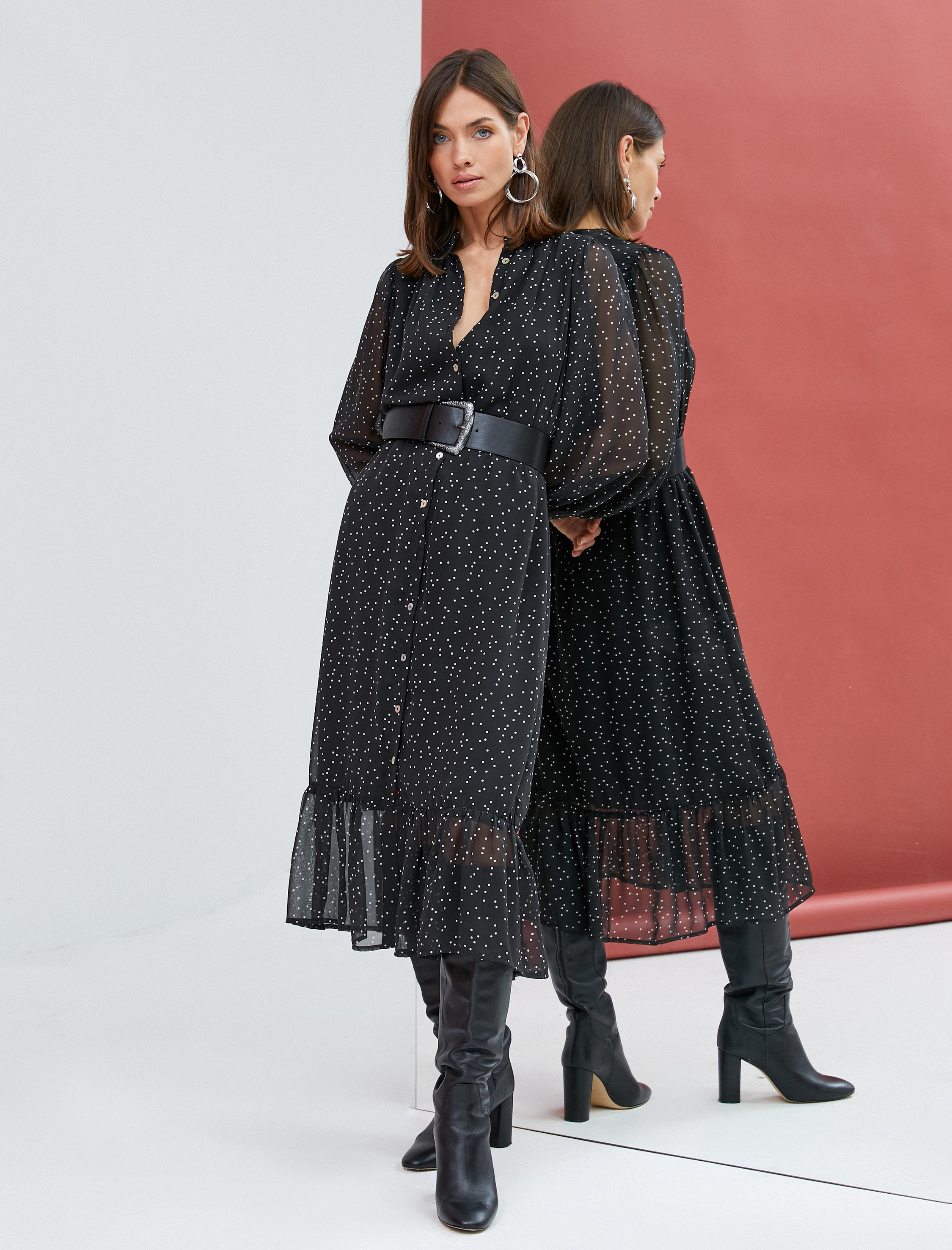   Şifon Elbise Puantiyeli Uzun Kollu Düğmeli Beli Bağcıklı