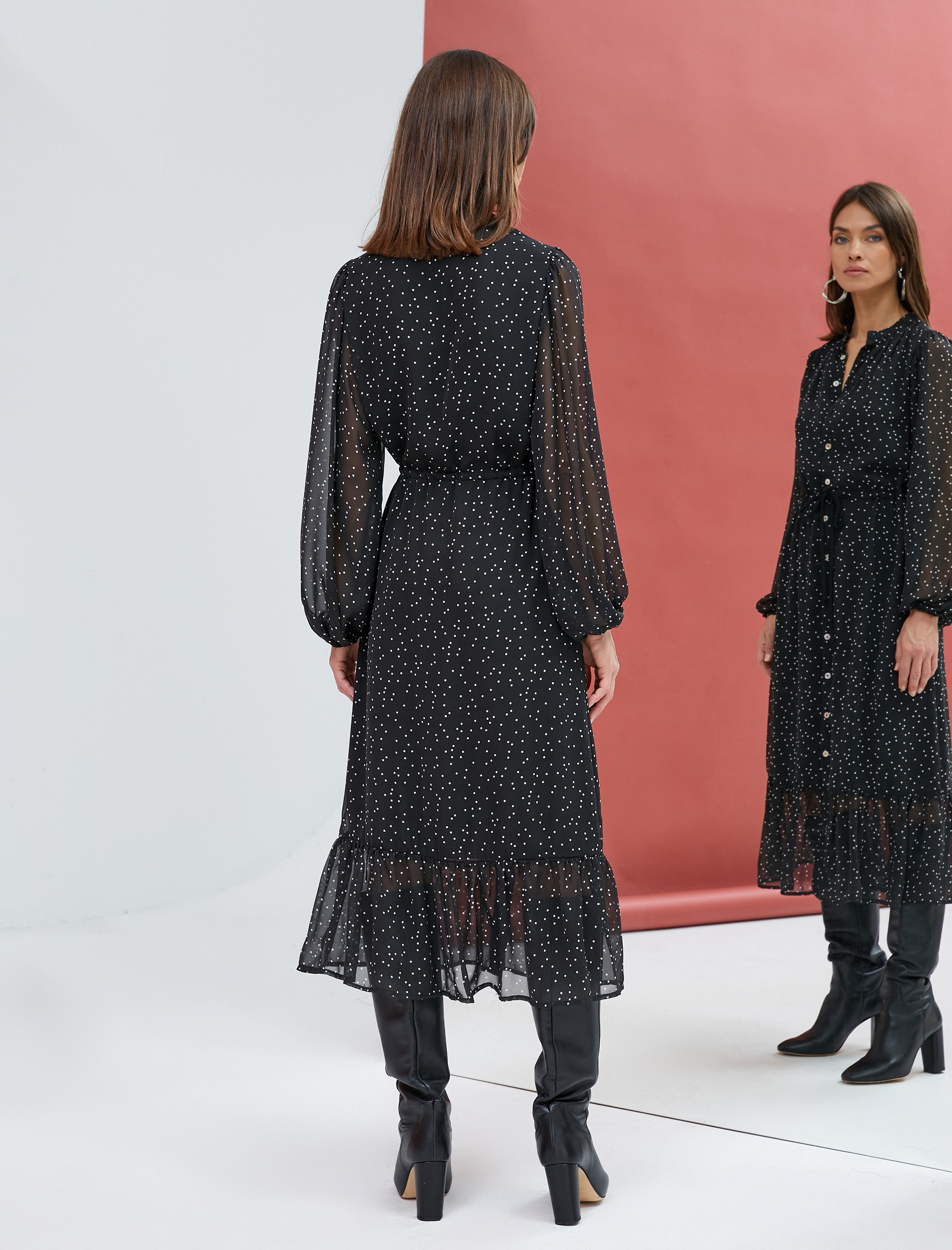   Şifon Elbise Puantiyeli Uzun Kollu Düğmeli Beli Bağcıklı