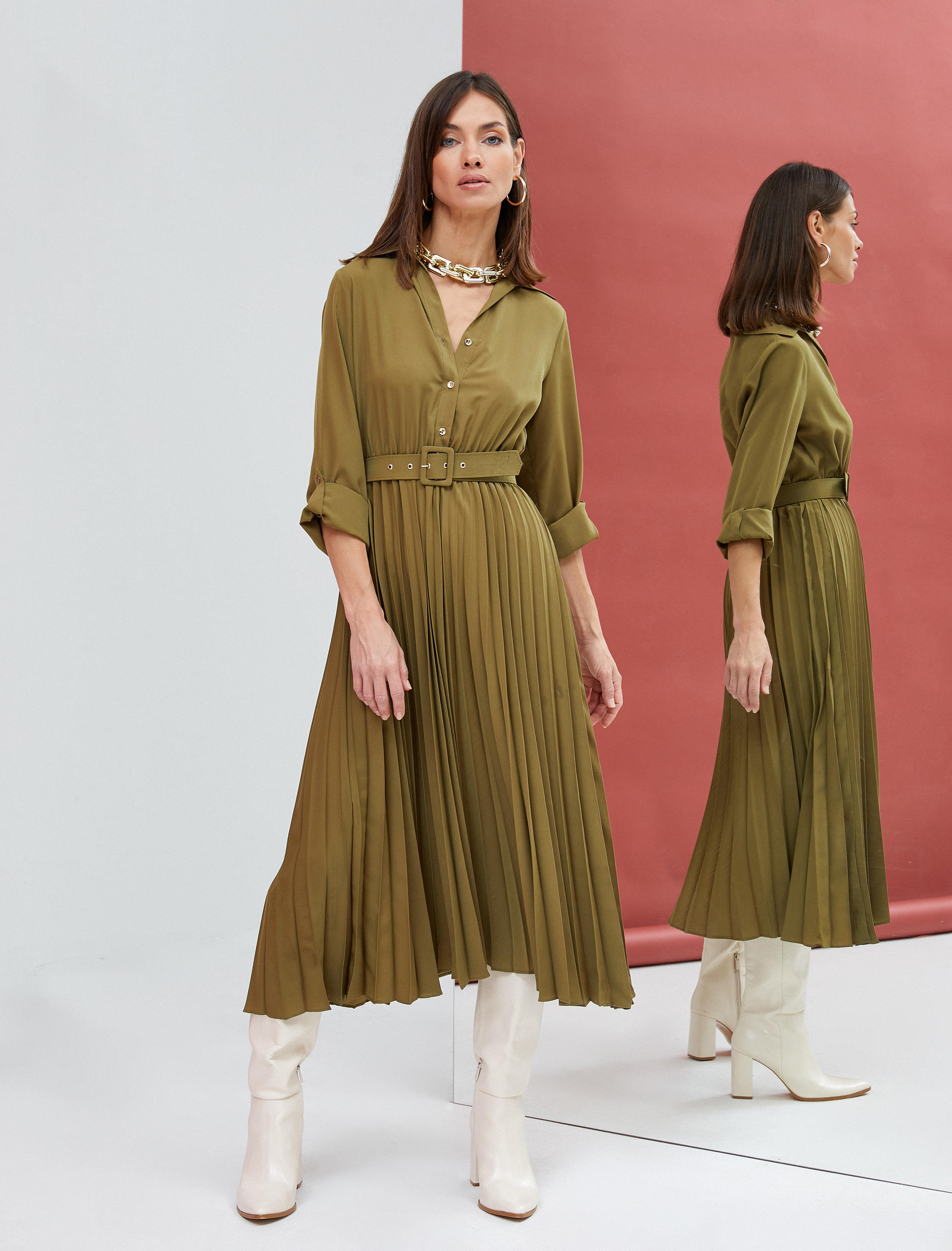   Uzun Gömlek Elbise Pileli Kemer Detaylı Düğmeli