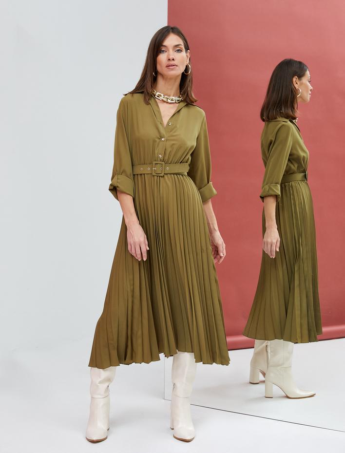  Uzun Gömlek Elbise Pileli Kemer Detaylı Düğmeli
