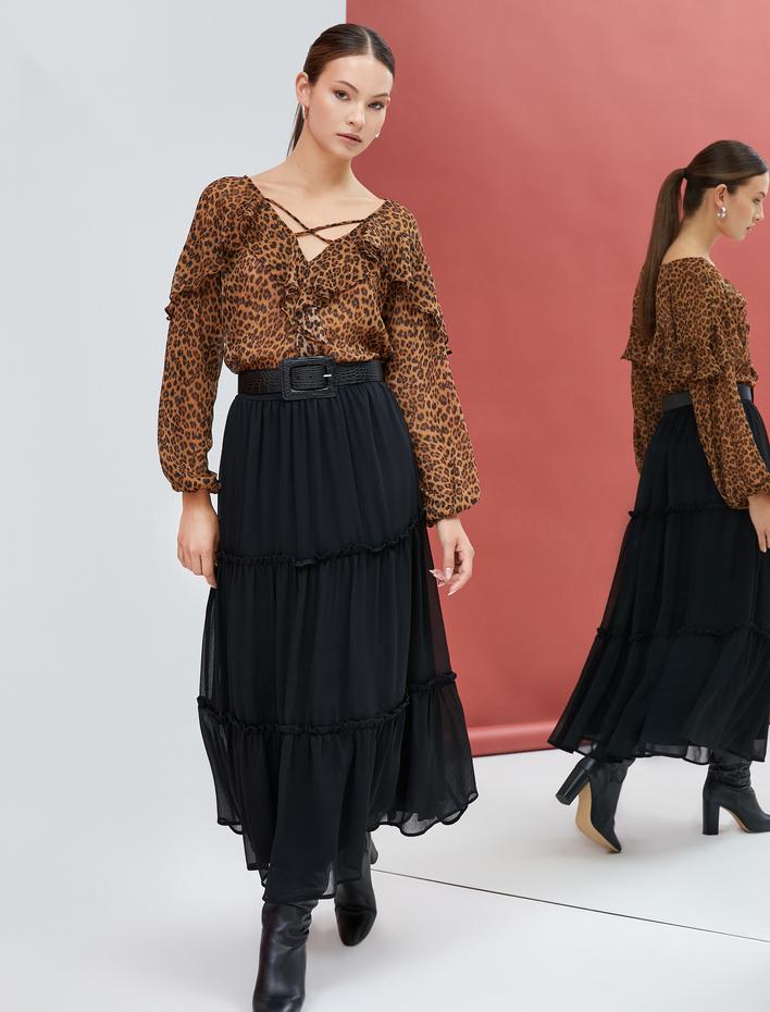  Leopar Desenli Bluz Şifon Uzun Kollu Fırfırlı V Yaka