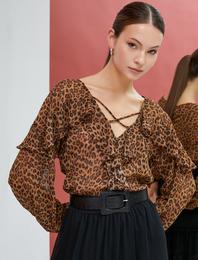 Leopar Desenli Bluz Şifon Uzun Kollu Fırfırlı V Yaka