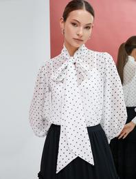 Fular Yaka Bluz Puantiyeli Balon Kollu Şifon