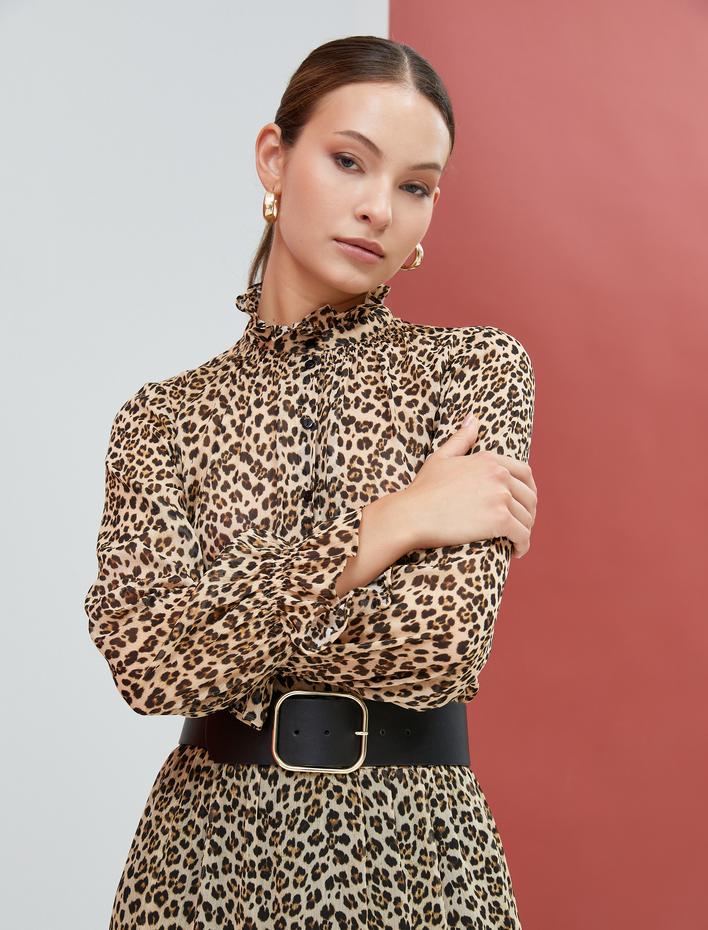  Leopar Desenli Gömlek Şifon Uzun Kollu Fırfırlı Hakim Yaka