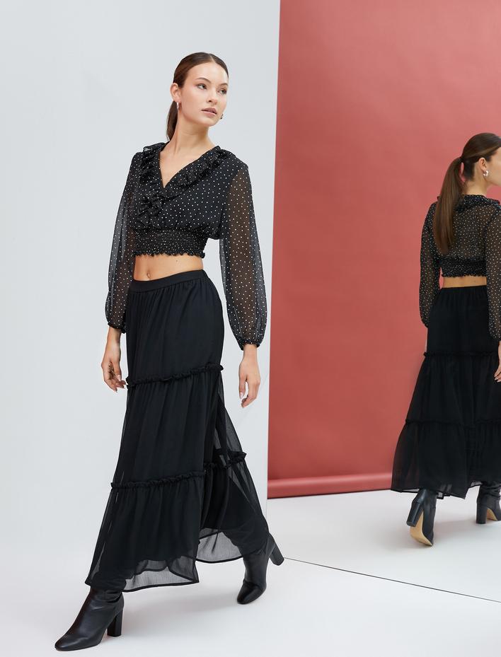  Crop Şifon Bluz V Yaka Fırfırlı Puantiyeli Beli Gipeli